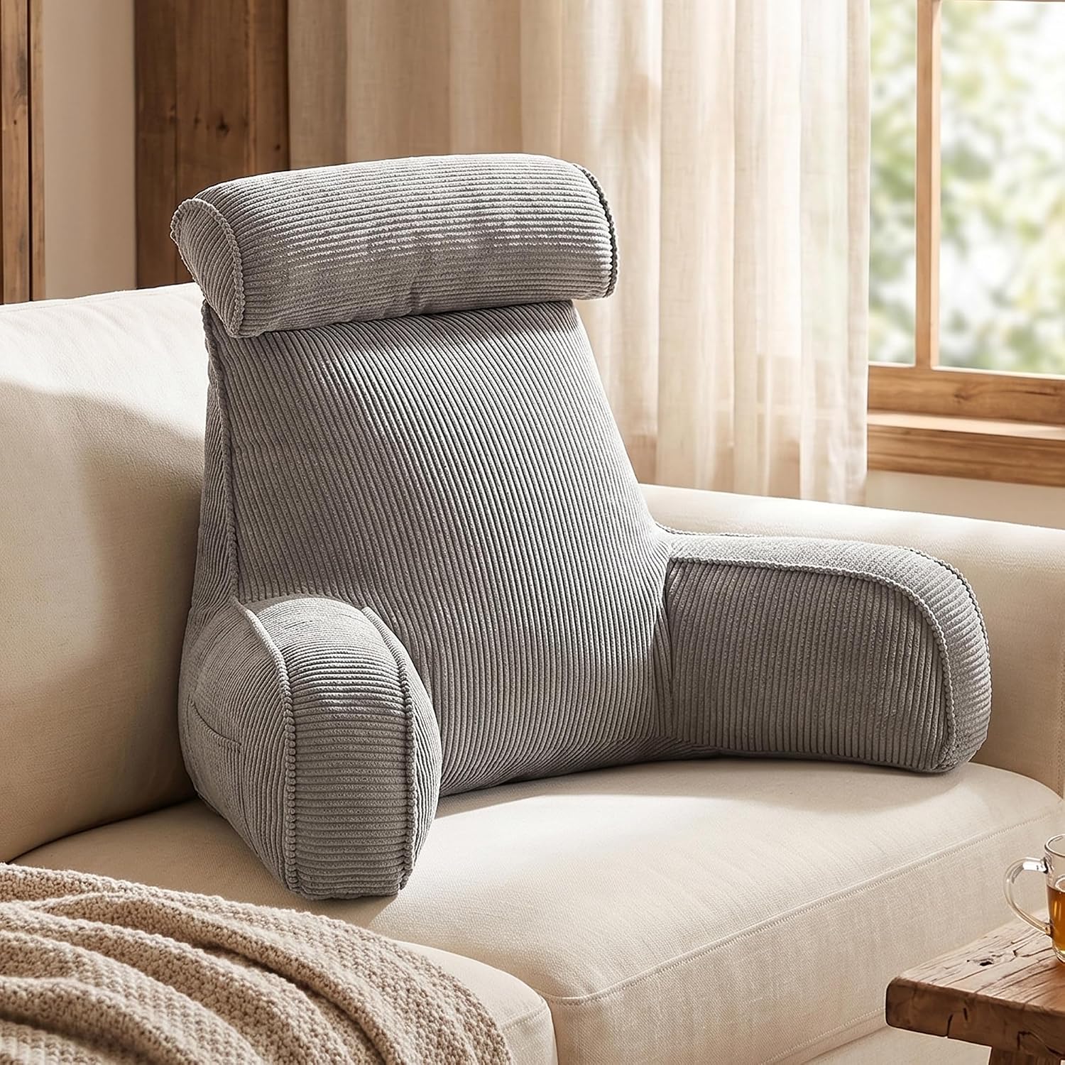 Ailuteie Corduroy Reading Pillow for Sitting Up in Bed, Backrest Pillow with Arms, Full Back Support Cushion with Side Pockets & Washable C…