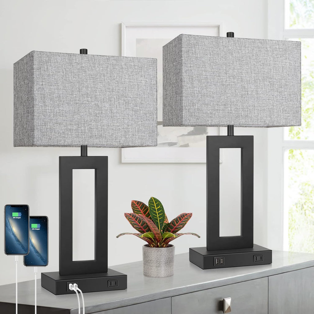 Tobusa Set of 2 Modern Touch Control Table Lamps with 2 USB Ports, 22’’ Large Bedside Nightstand Lamps 3-Way Dimmable Desk Lamp With Grey F…