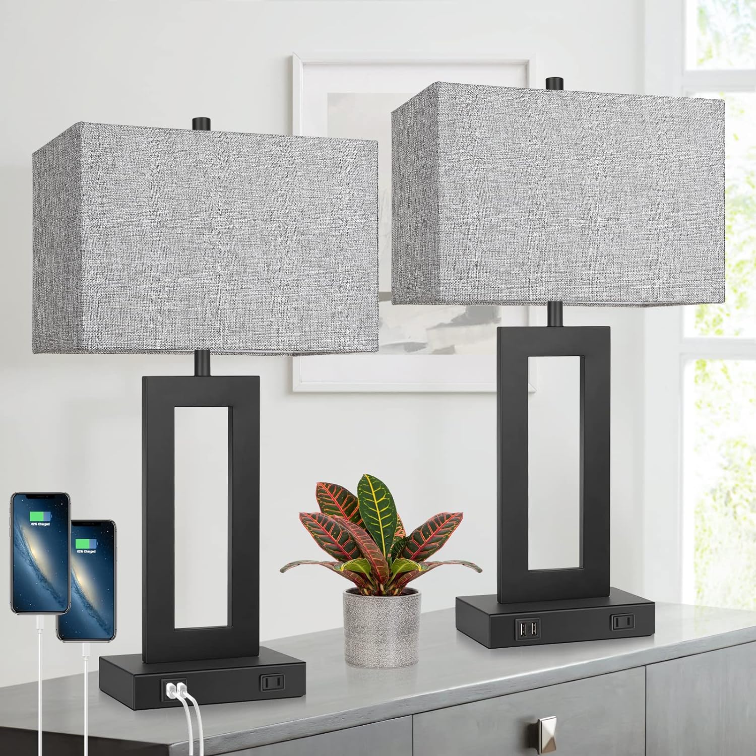 Tobusa Set of 2 Modern Touch Control Table Lamps with 2 USB Ports, 22’’ Large Bedside Nightstand Lamps 3-Way Dimmable Desk Lamp With Grey F…