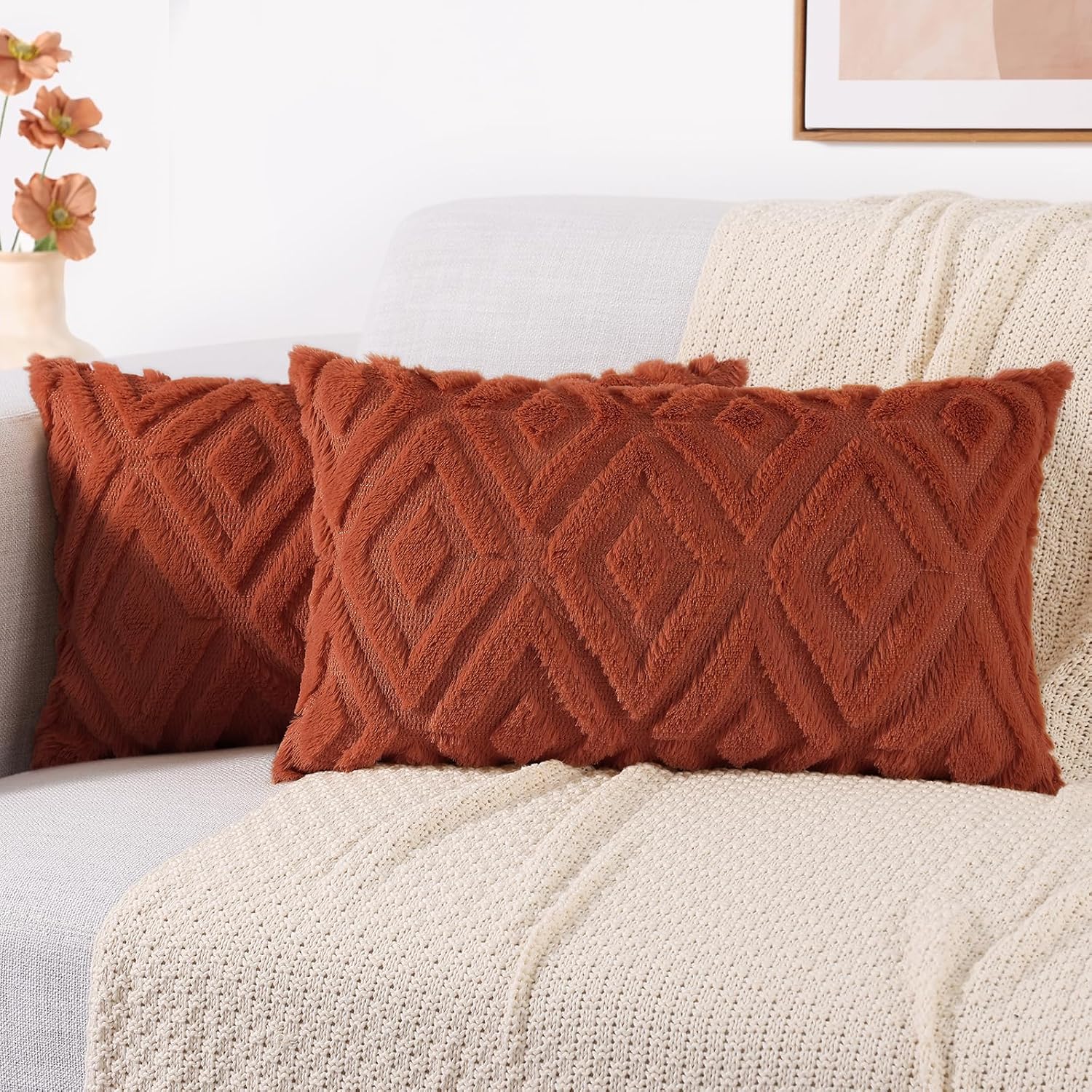 decorUhome Summer Couch Throw Pillow Covers 12x20 Set of 2, Decorative Soft Plush Faux Fur Wool Lumbar Accent Pillow Covers for Modern Farm…