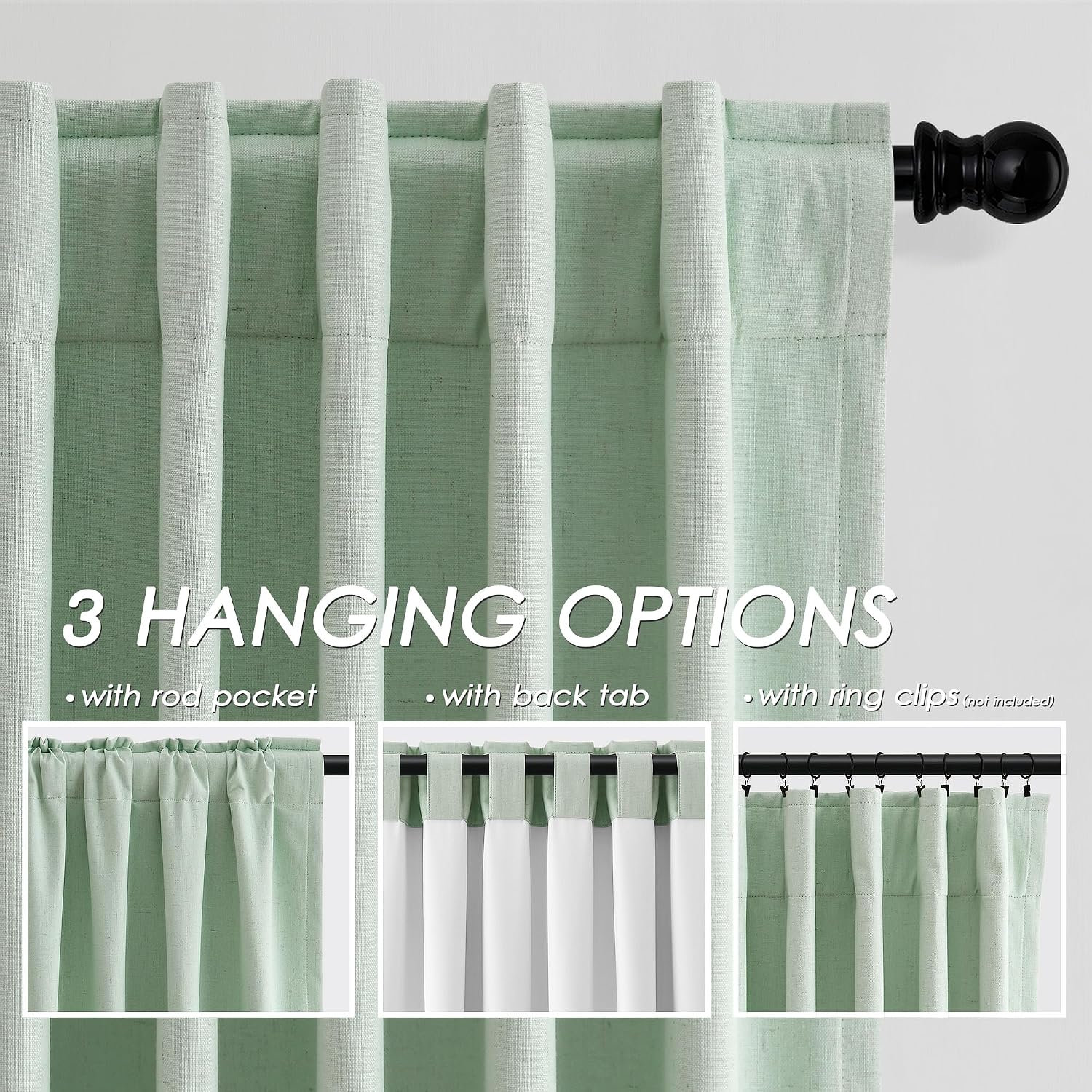 Nanspring Aqua Green 100% Blackout Linen Curtains for Bedroom 108 Inches Long Back Tab Rod Pocket Thermal Insulated Acoustic Panels Black o…