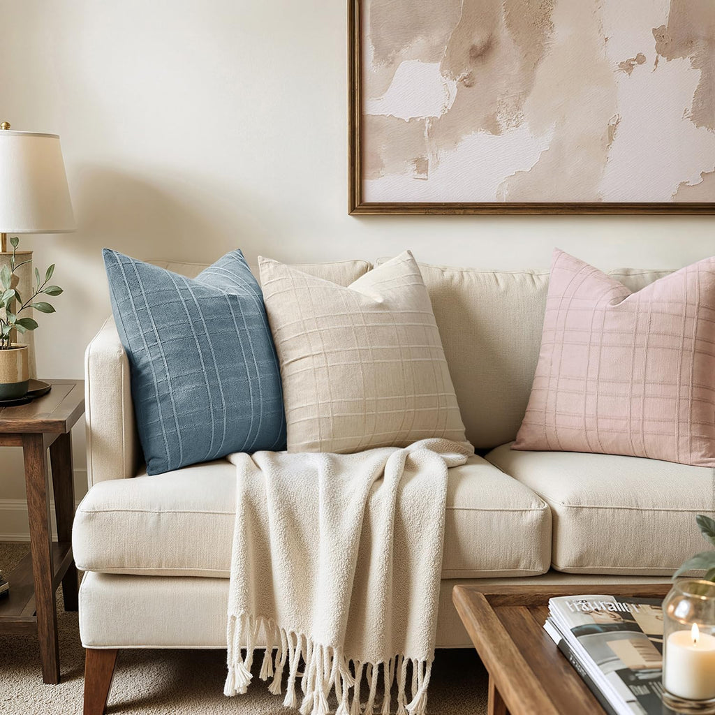 Miulee Decorative Linen Check Throw Pillow Covers Neutral Farmhouse Vintage Spring Valentine Spring Pillow Covers 18x18 Set of 2 Boho Moder…