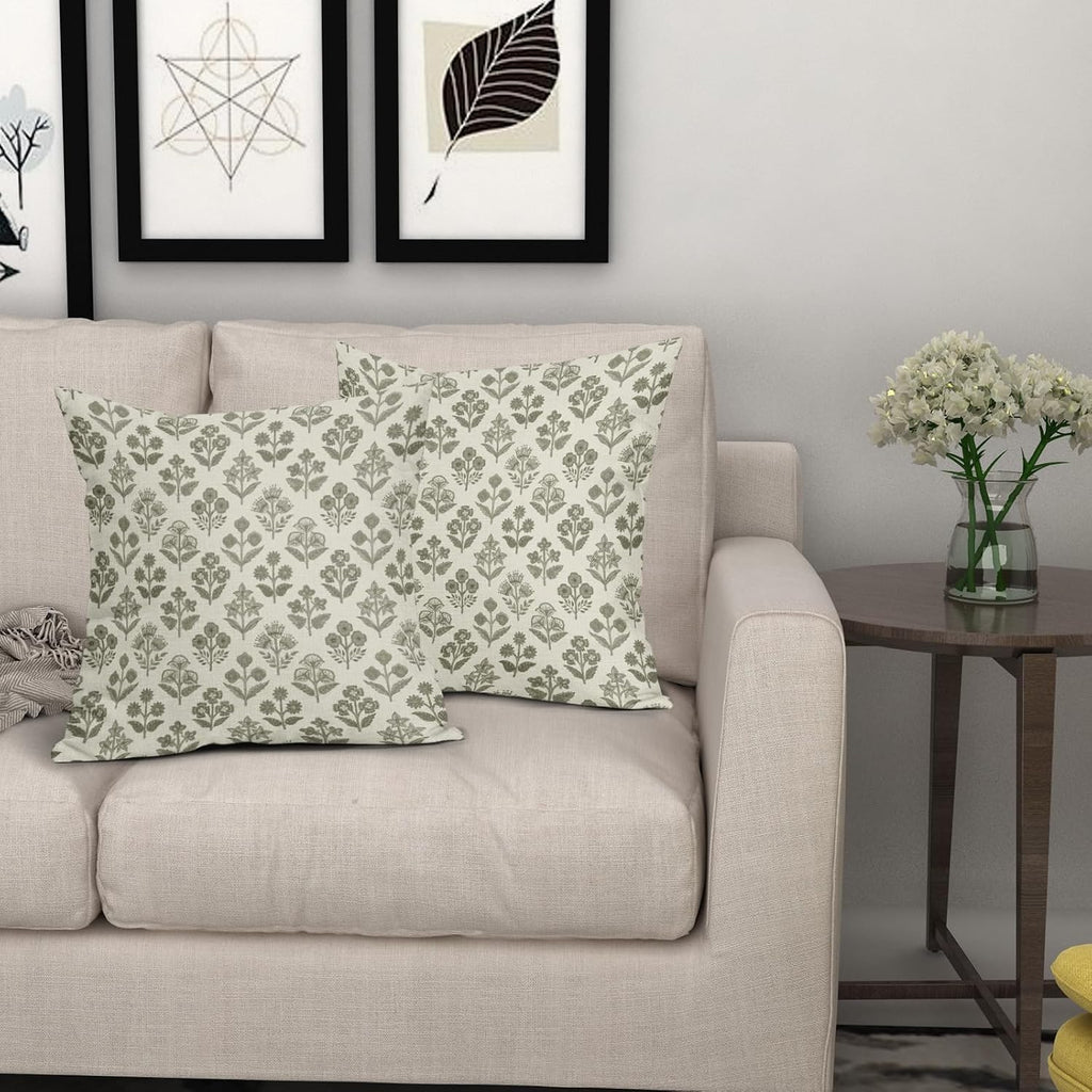 Olive Green Floral Pillow Covers 24x24 Inch Set of 2, Vintage Flower Block Print Pattern Decorative Throw Pillowcases Outdoor Farmhouse…