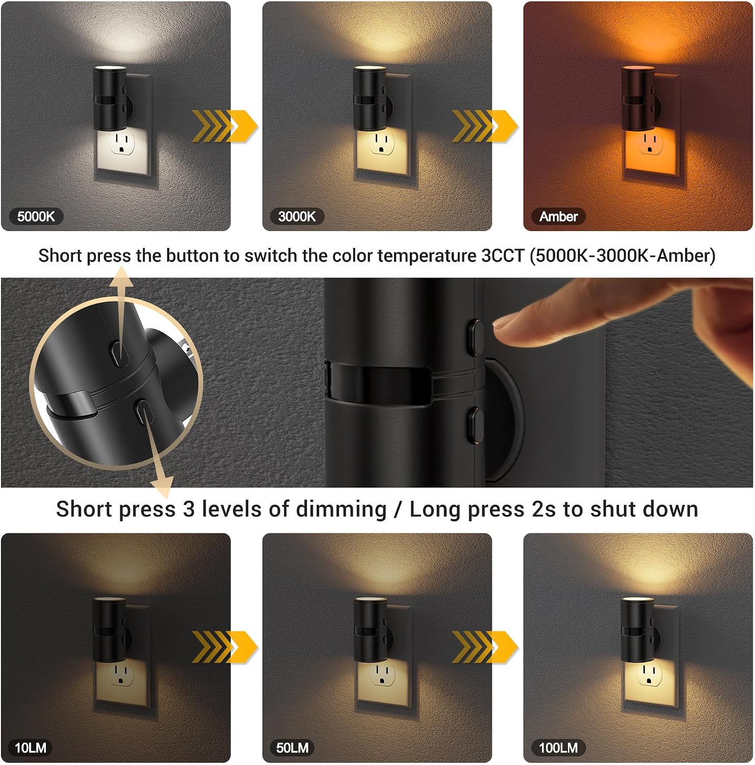 JandCase Motion Night Light, Rotating Night Lights Plug into Wall, 3 Colors 3000K-5000K-Amber, Dusk to Dawn & Motion Sensor, 3 Level…
