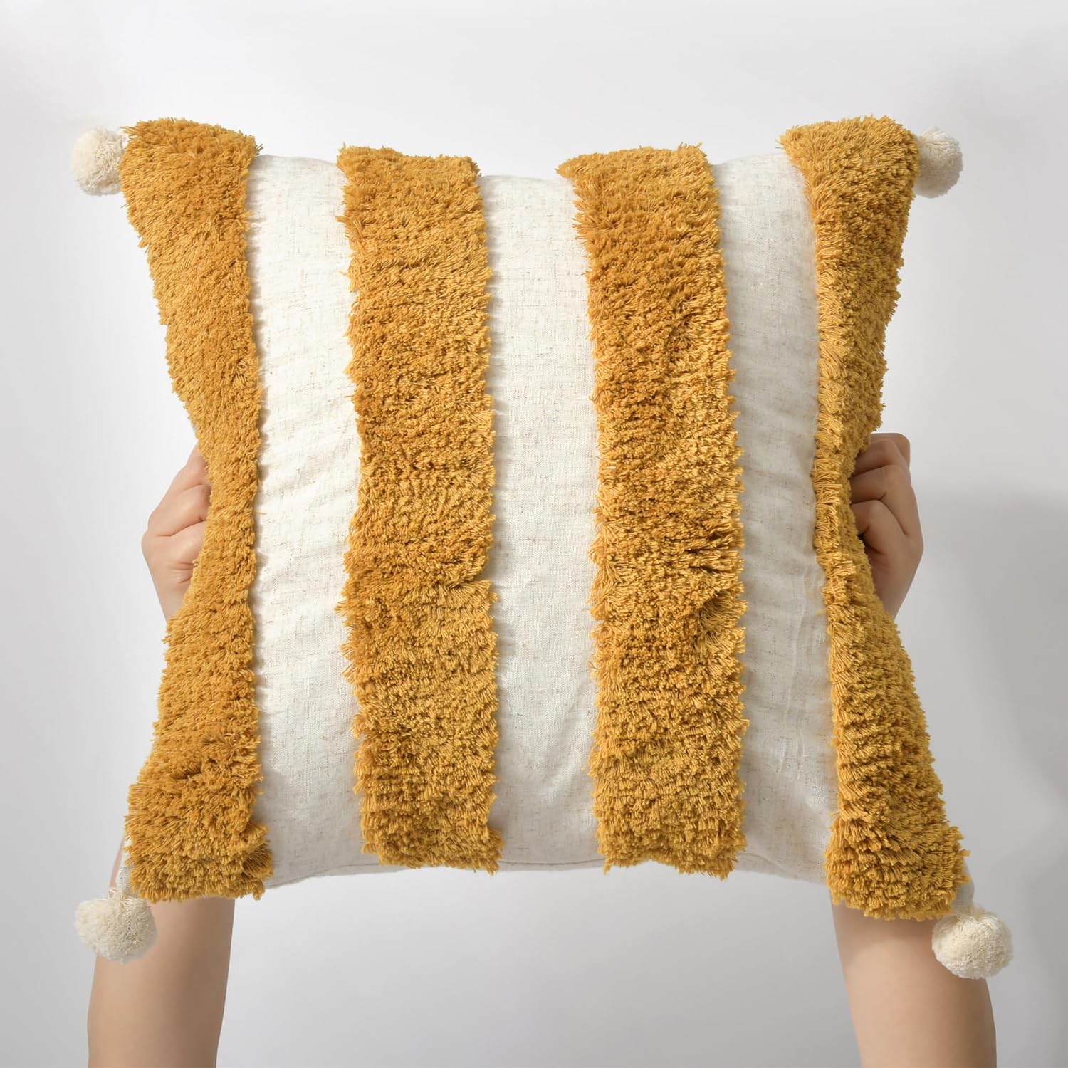 Loopuinhom Boho Pillow Covers 18X18 Inch Boho Tufted Linen Throw Pillow Covers Decorative Pompoms Cushion Cover Farmhouse Pillow Case for C…