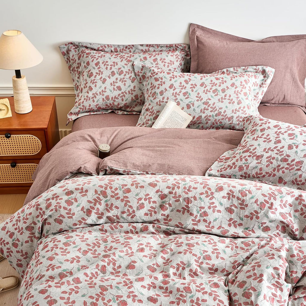 mixinni 100% Washed Cotton Duvet Cover Set, Reversible Vintage Floral Jacquard Textured Comforter Cover, Boho Farmhouse Bedding Set with Zi…