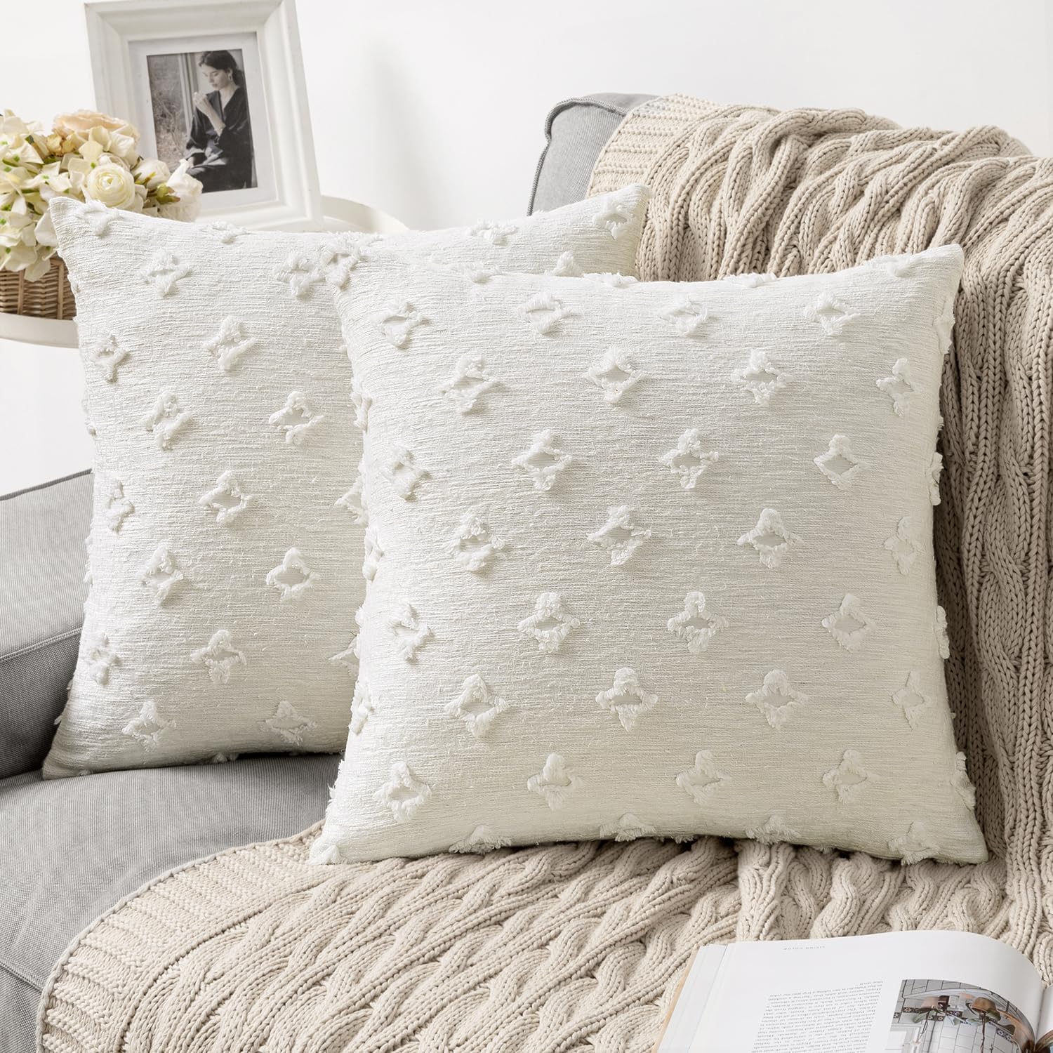 MIULEE Set of 2 Decorative Throw Pillow Covers Rhombic Jacquard Pillowcase Eruo Sham Large Spring Soft Square Cushion Case for Cute Couch…
