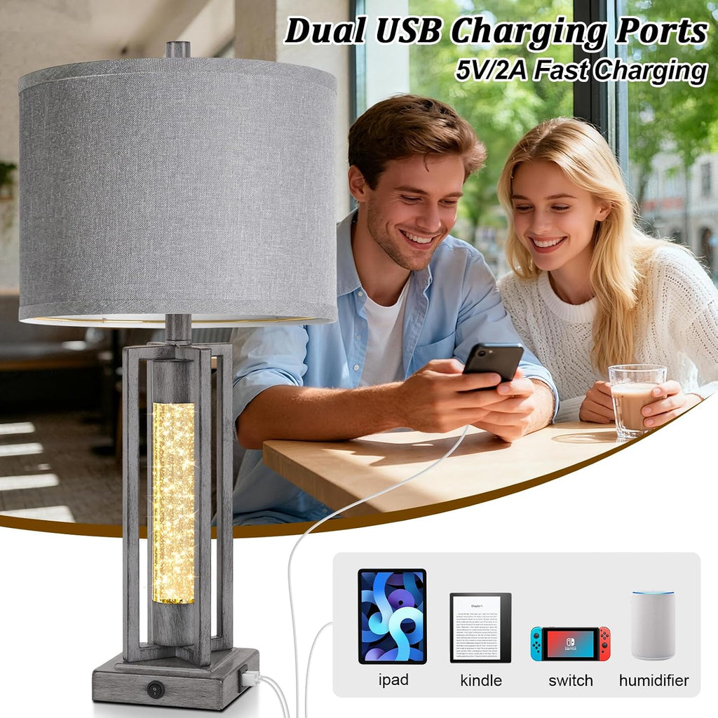 Tobusa 26’’ Farmhouse Table Lamps for Living Room Set of 2, Modern Nightstand Lamps with Crystal Night Light & 2 USB Ports, Vintage Home De…