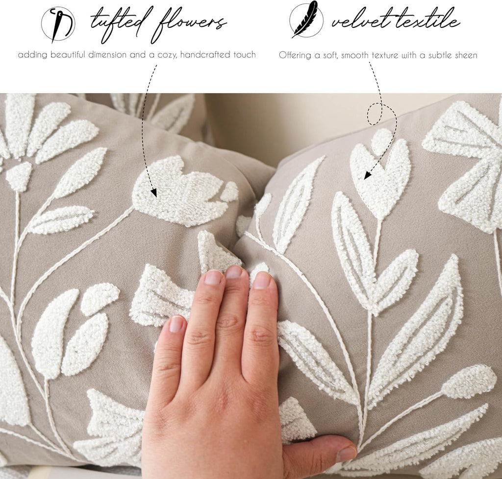 BlissBlush 14x36 Lumbar Pillow Cover for Bed, Taupe Rectangular Long Throw Pillowcase, Embroidered Velvet Floral Tufted Farmhouse Accent…