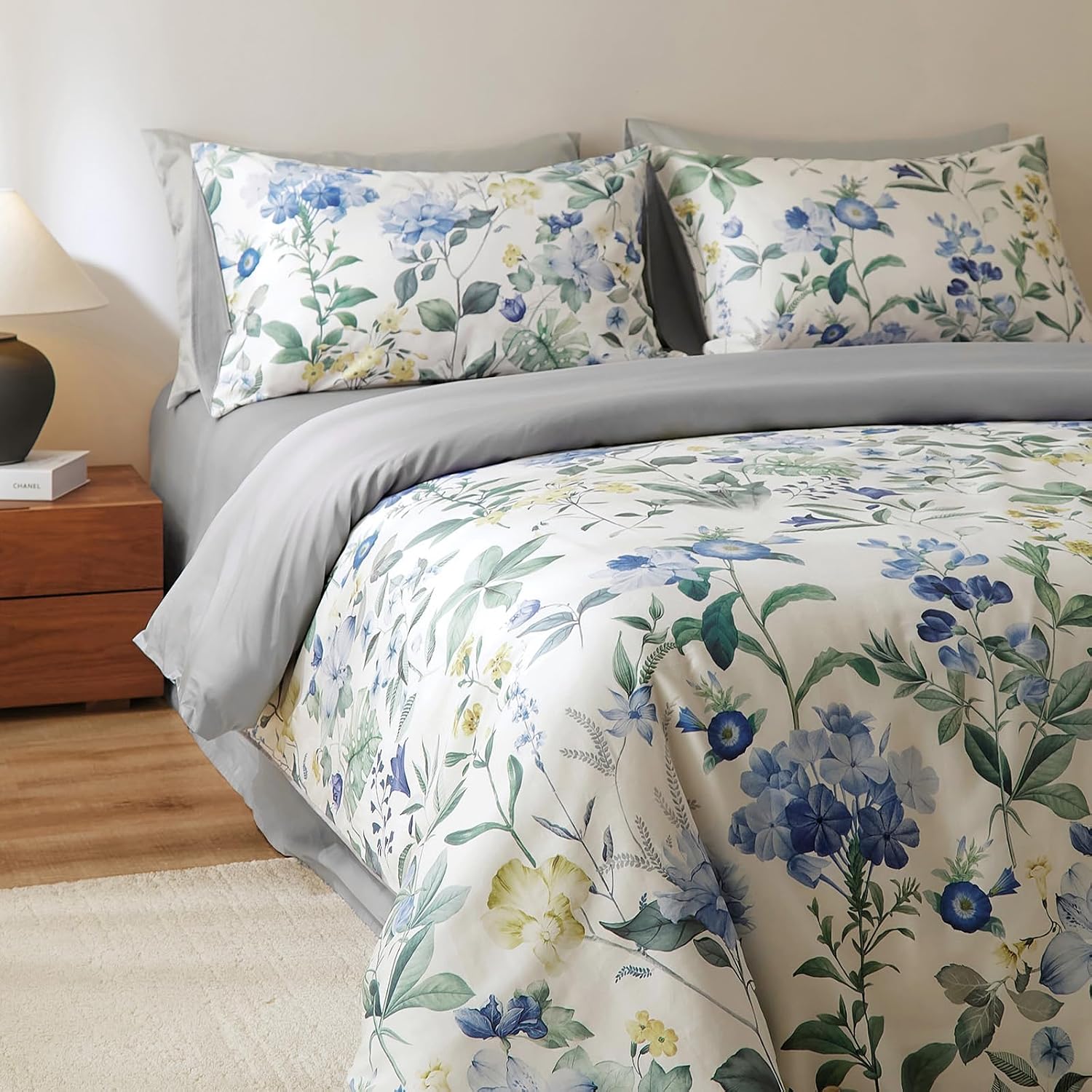 mixinni Reversible Floral Duvet Cover Set King Size, 3 Piece Blue Green Botanical Bedding Set with Zipper Closure & 4 Corner Ties, Farmhous…