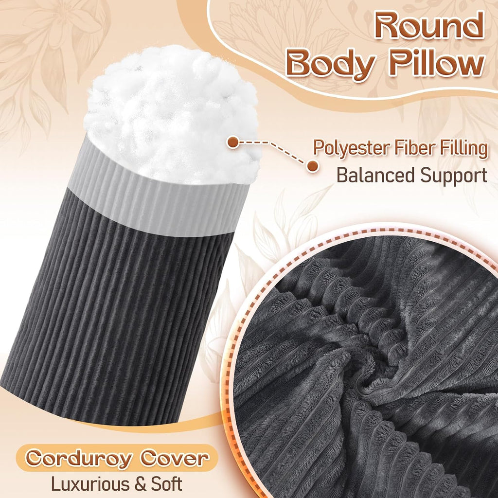 1Middleone 1 MIDDLE ONE Body Pillow for Adults, Long Bolster Pillow for Bed, Decorative Round Roll Hug Pillow with Corduroy Cover (Dark Gre…