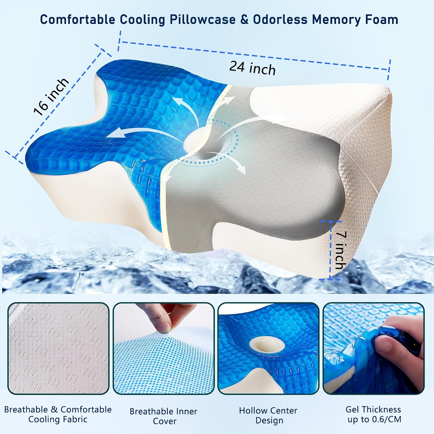Eucior Cooling Gel Pillow, Cooling Cervical Neck Pillow, Gel Memory Foam Pillow, Odorless Ergonomic Contour Pillows, Orthopedic Bed Pillow for…