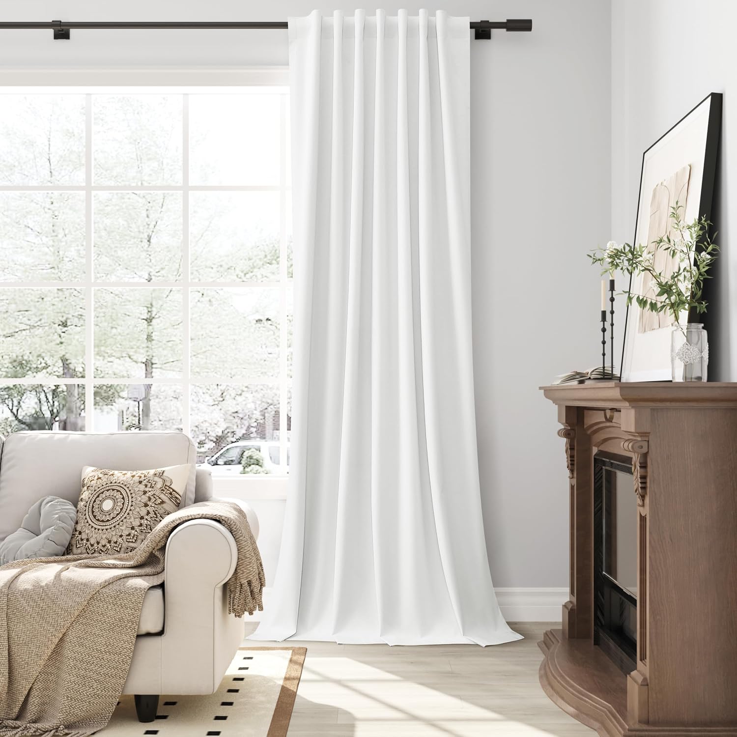 Guken Off White 100% Blackout Linen Curtains for Bedroom 108 Inches Long 2 Panels Room Darkening Farmhouse Nature Back Tab Hook Belt Home D…