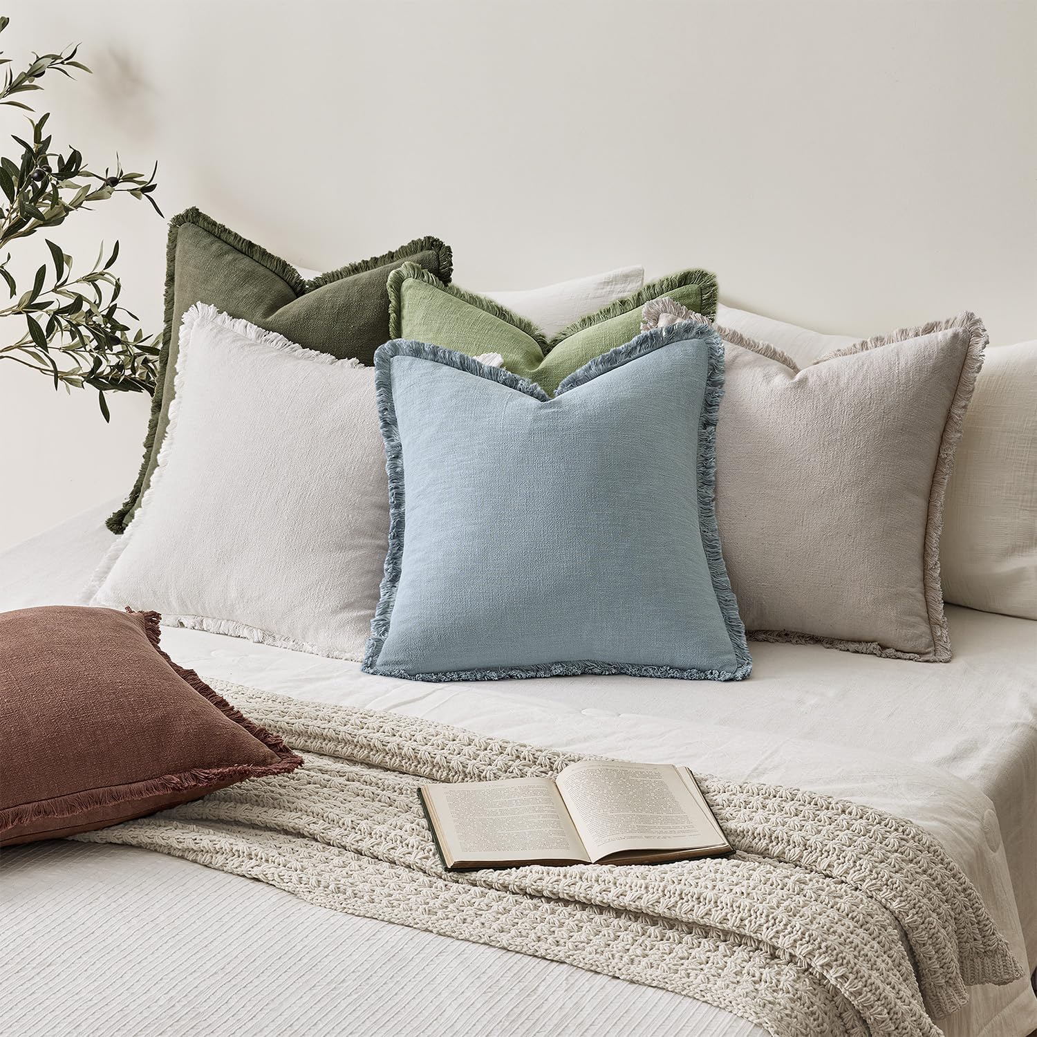 Anroduo Set of 2 Decorative Throw Pillow Covers 20×20 Inch Soft Linen Fringe Farmhouse Boho Vintage Cushion Covers with Tassels Accent Pill…