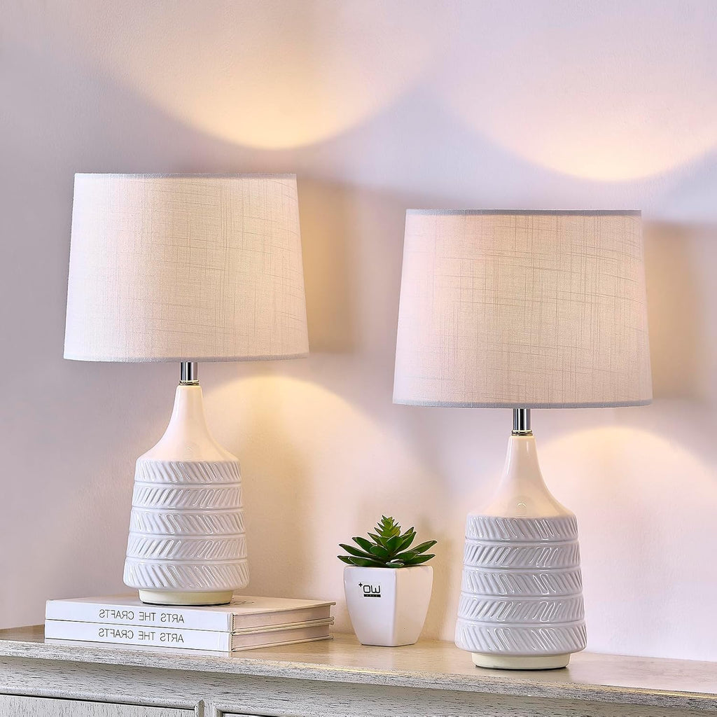 White Ceramic Table Lamps Set of 2, Decor Farmhouse Lamps for Living Room End Tables, 18.5" Bedside Lamps for Night Stands, Modern Boho…