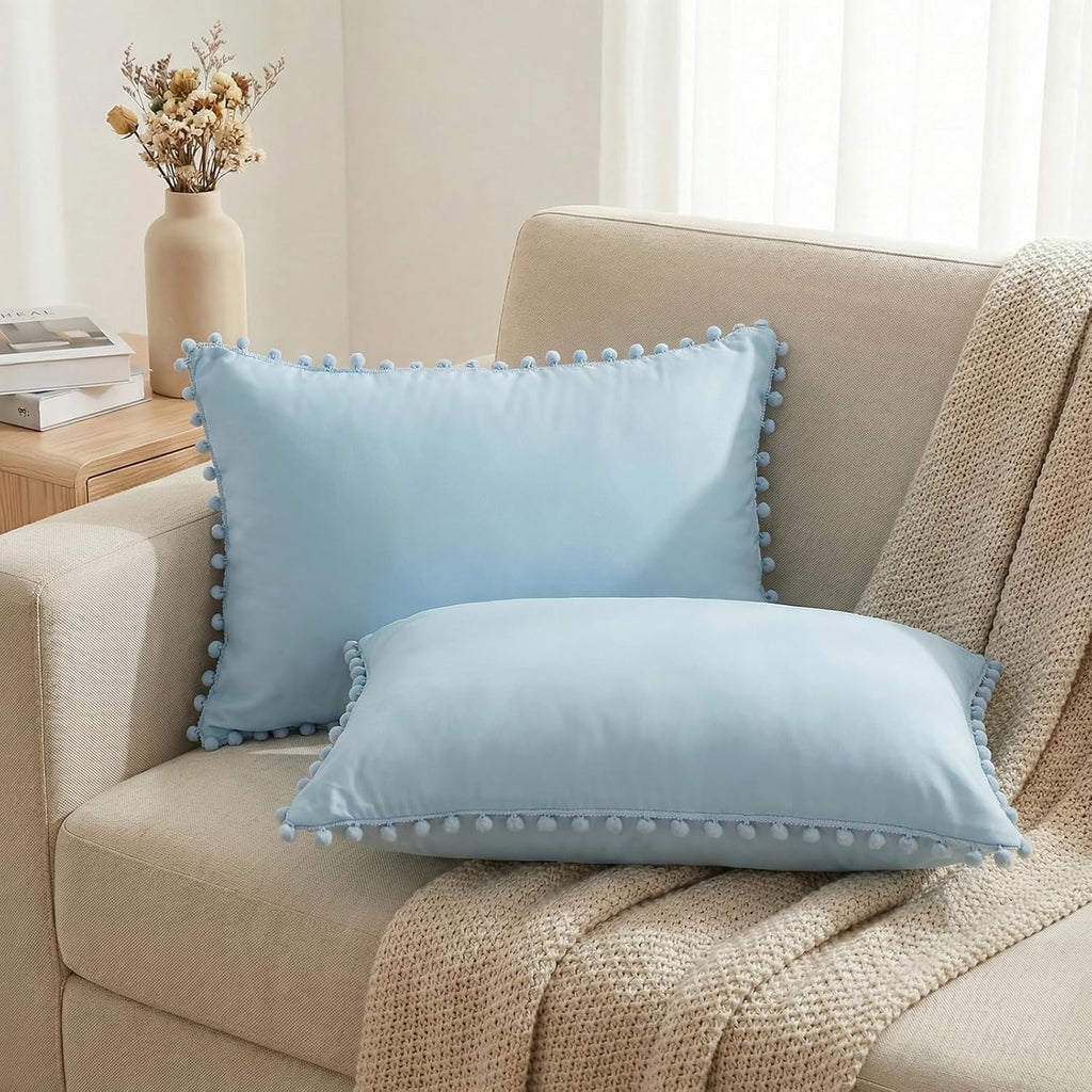 Moveover Sky Blue Pom Poms Pillowcases, Blue Standard Pillow Cases Set of 2, 100% Washed Microfiber, Pale Blue Ball Fringe Pillow Cover, 2 P…