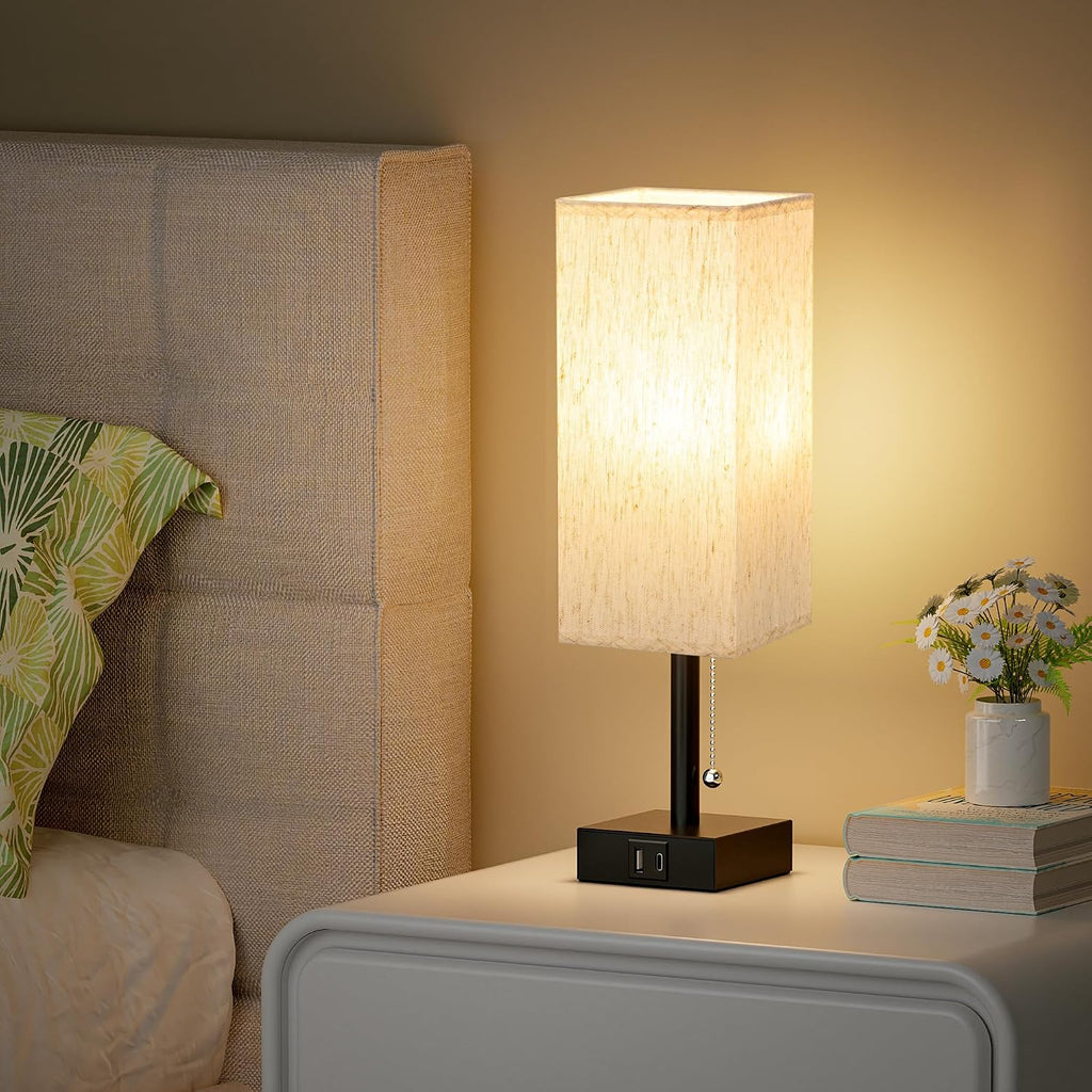 Aooshine Pull Chain Small Table Lamp - 3 Color Temperature Bedside Lamp for Bedroom with USB Port, Minimalist Nightstand Lamp with Black Ba…