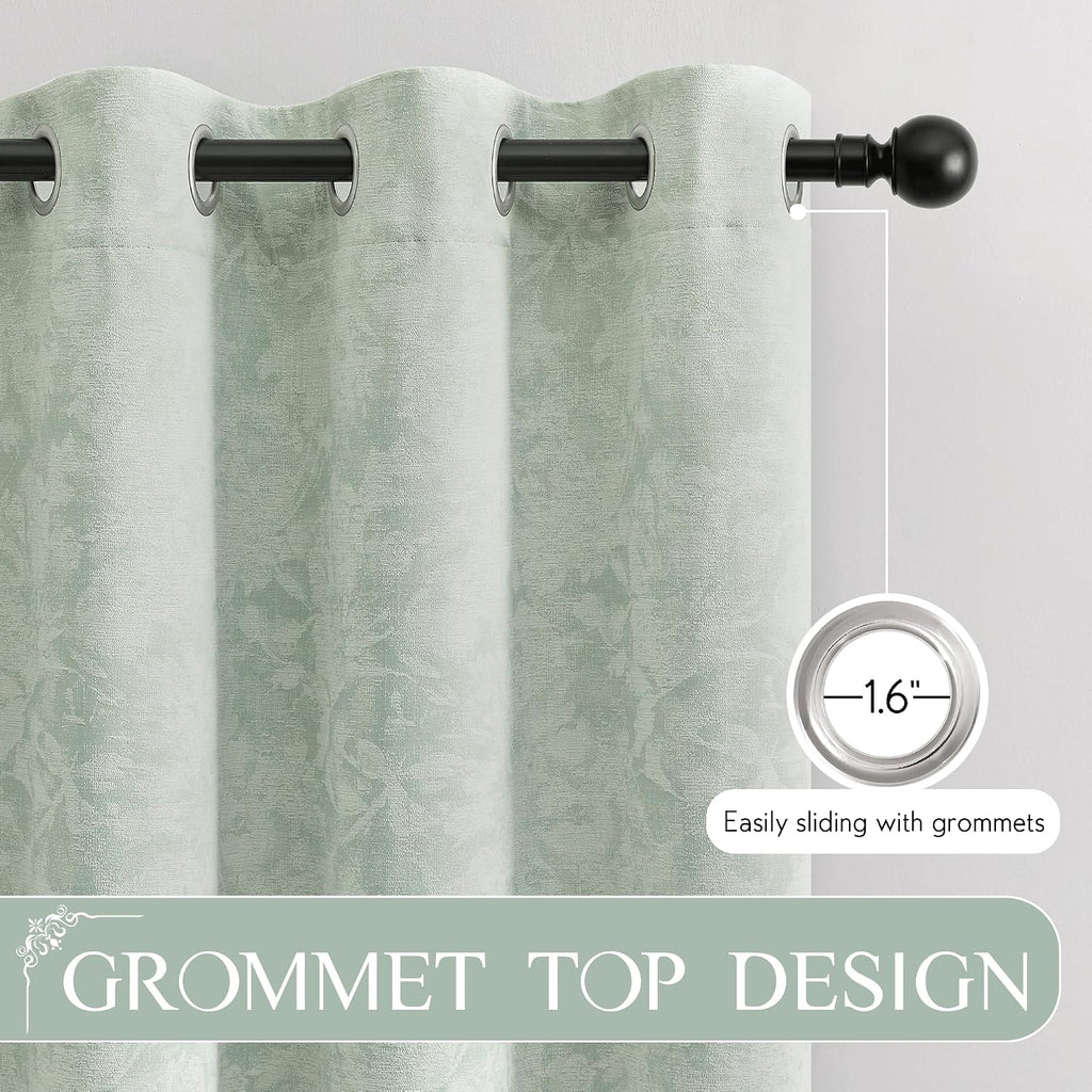 Beauoop Green Floral Jacquard Blackout Curtains 90 Inches Long 2 Panels for Bedroom Living Room Sage Flower Chenille Room Darkening…