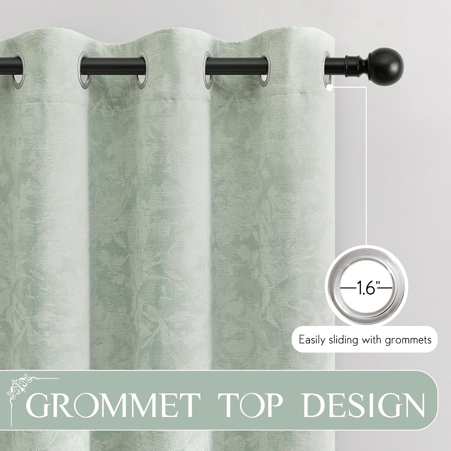 Beauoop Green Floral Jacquard Blackout Curtains 90 Inches Long 2 Panels for Bedroom Living Room Sage Flower Chenille Room Darkening…
