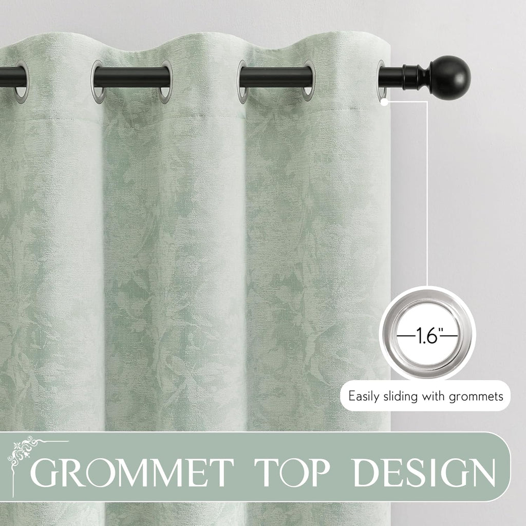 Beauoop Green Floral Jacquard Blackout Curtains 108 Inches Long 2 Panels for Bedroom Living Room Sage Flower Chenille Room Darkening…