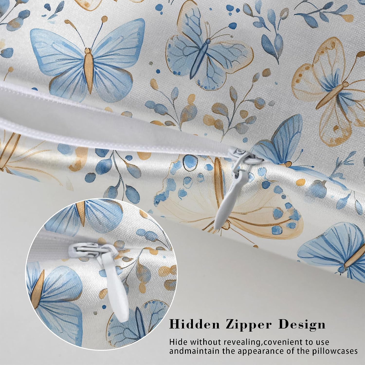 Satin Pillowcase for Hair and Skin Vintage Blue and Beige Butterfly Super Soft and Cooling Similar to Silk Pillow Case 1 Pack with Hidden…