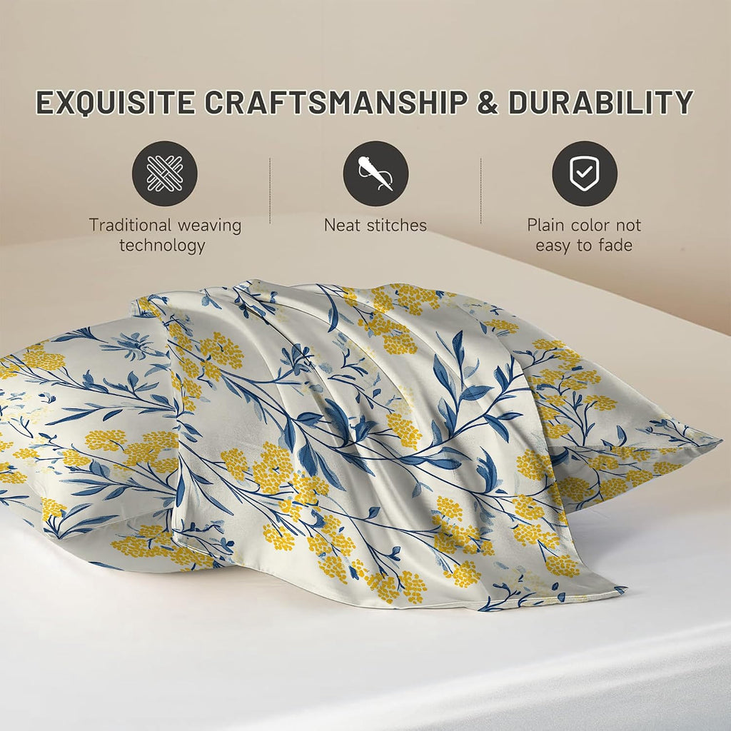 Imitation Silk Pillowcase for Hair and Skin Blue Leaves Bright Yellow Flowers 1 Pack Satin Queen Pillowcase with Hidden Zipper Cooling…