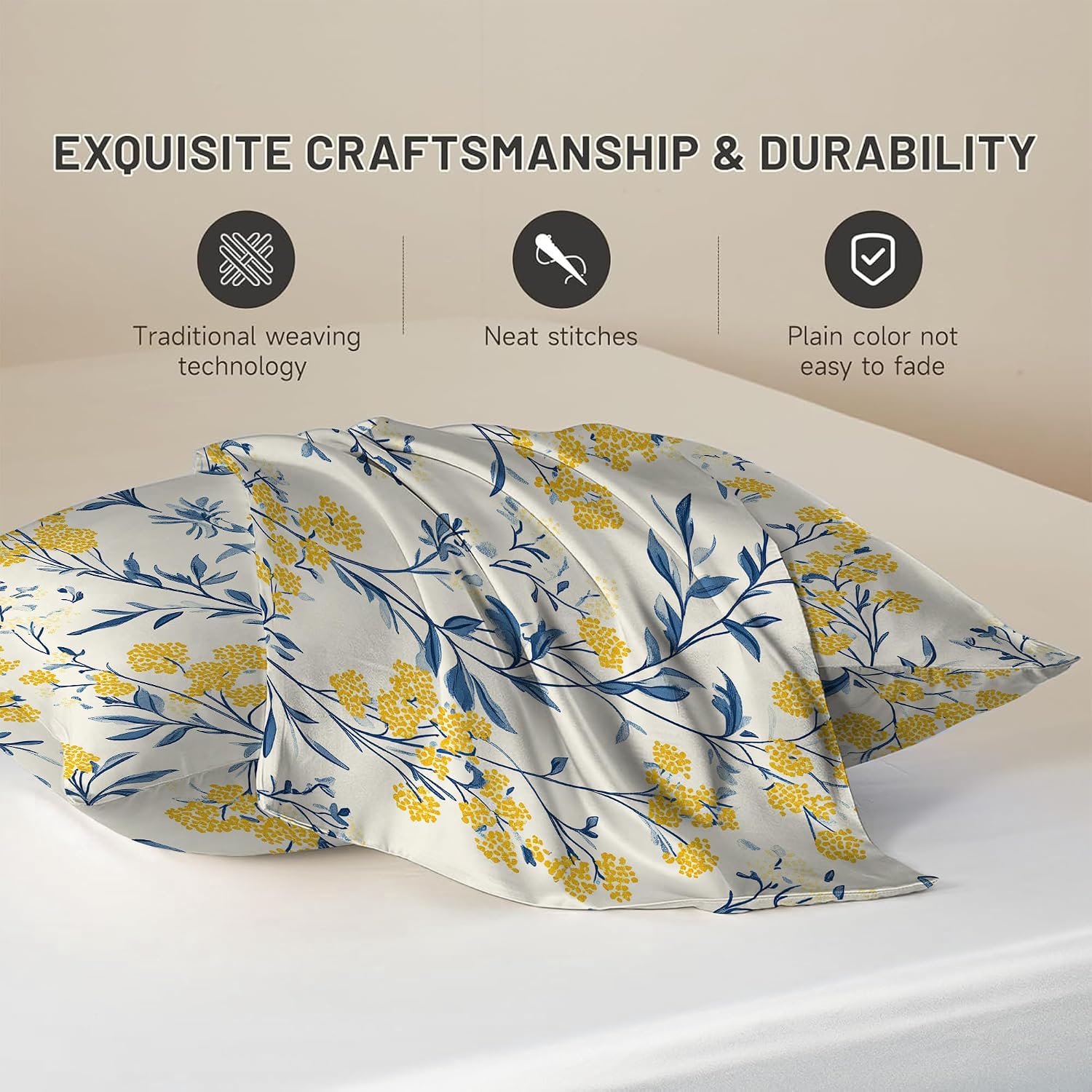 Imitation Silk Pillowcase for Hair and Skin Blue Leaves Bright Yellow Flowers 1 Pack Satin Queen Pillowcase with Hidden Zipper Cooling…