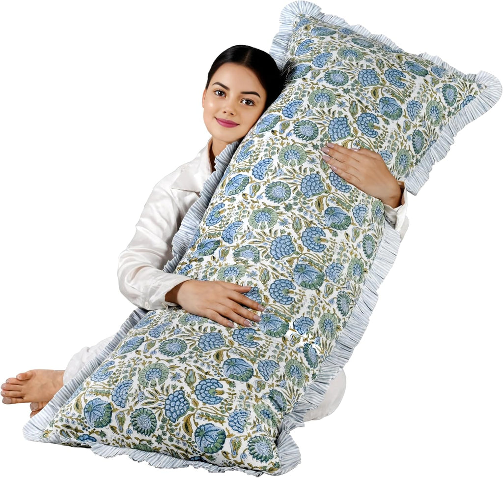 Ridhi Block Print Asparagus Green 54"x20" Set 1-100% Cotton Ruffle Lumbar Sham Cover Boho Floral Pillowcase, Farmhouse Cottagecore…