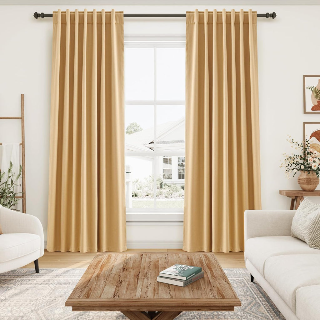 Nanspring Camel 100% Blackout Linen Curtains for Bedroom 90 Inches Long Back Tab Rod Pocket Thermal Insulated Black Out Curtain for Living…