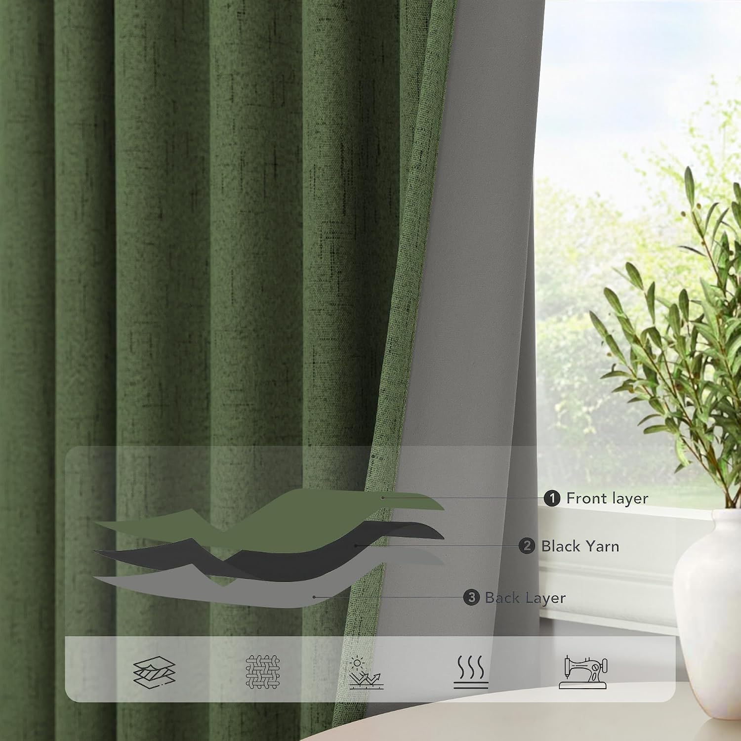 Pitalk Christmas Green Blackout Curtains for Bedroom Linen Light Pale Olive Green Room Darkening Window Drape Black Out Dark Curtains for C…
