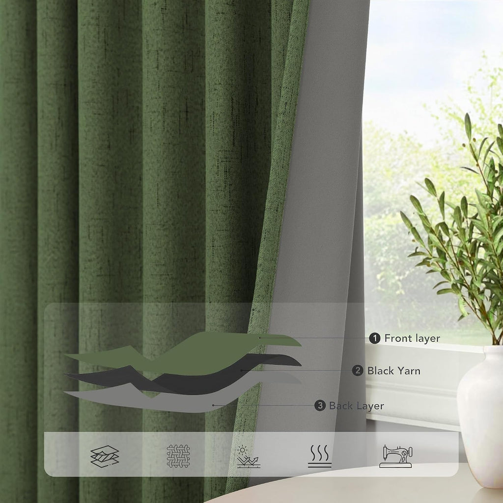 Pitalk Olive Green Blackout Curtains for Bedroom 96 Inches Long Floor Length 2 Panel Vintage Earth Tone Earthy Academia Dark Out Curtain fo…