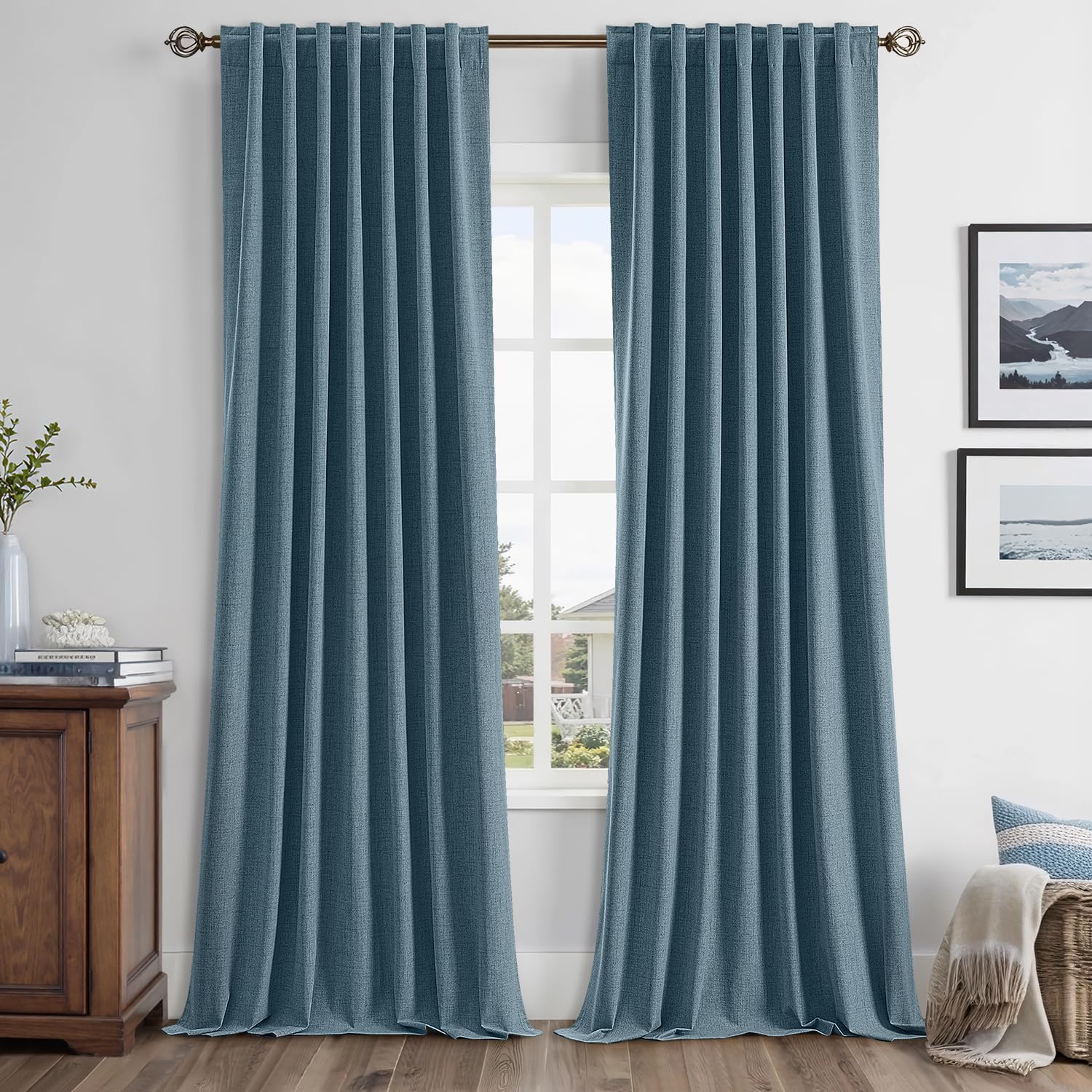 Miulee 100% Blackout Linen Curtains for Bedroom, Stone Blue Solid Luxury Decor Thermal Insulation Room Darkening Drapes for Living Room Nur…