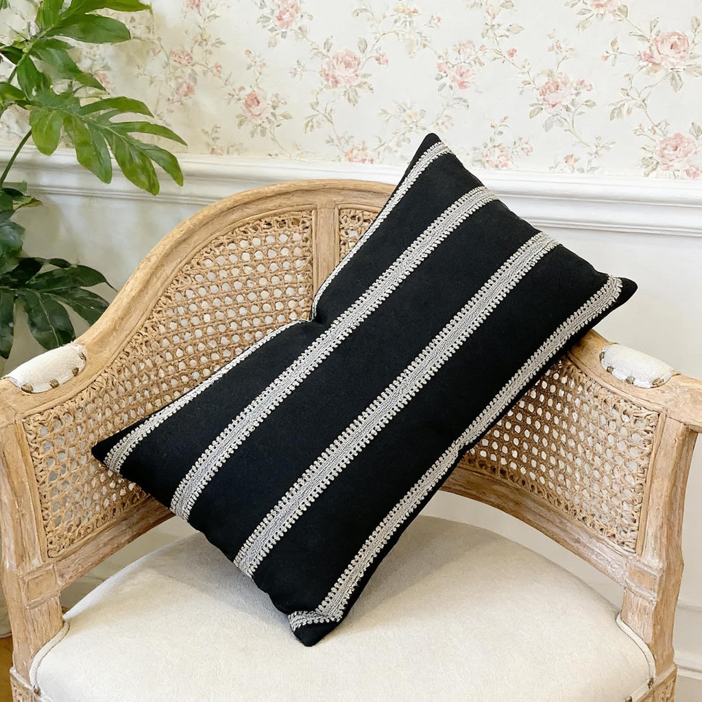 Slow Cow Decorative Rectangular Throw Pillow Cover Textured Woven Stripe Lumbar Cushion Cover for Couch Sofa 12 x 24 Inches Black Mixed…