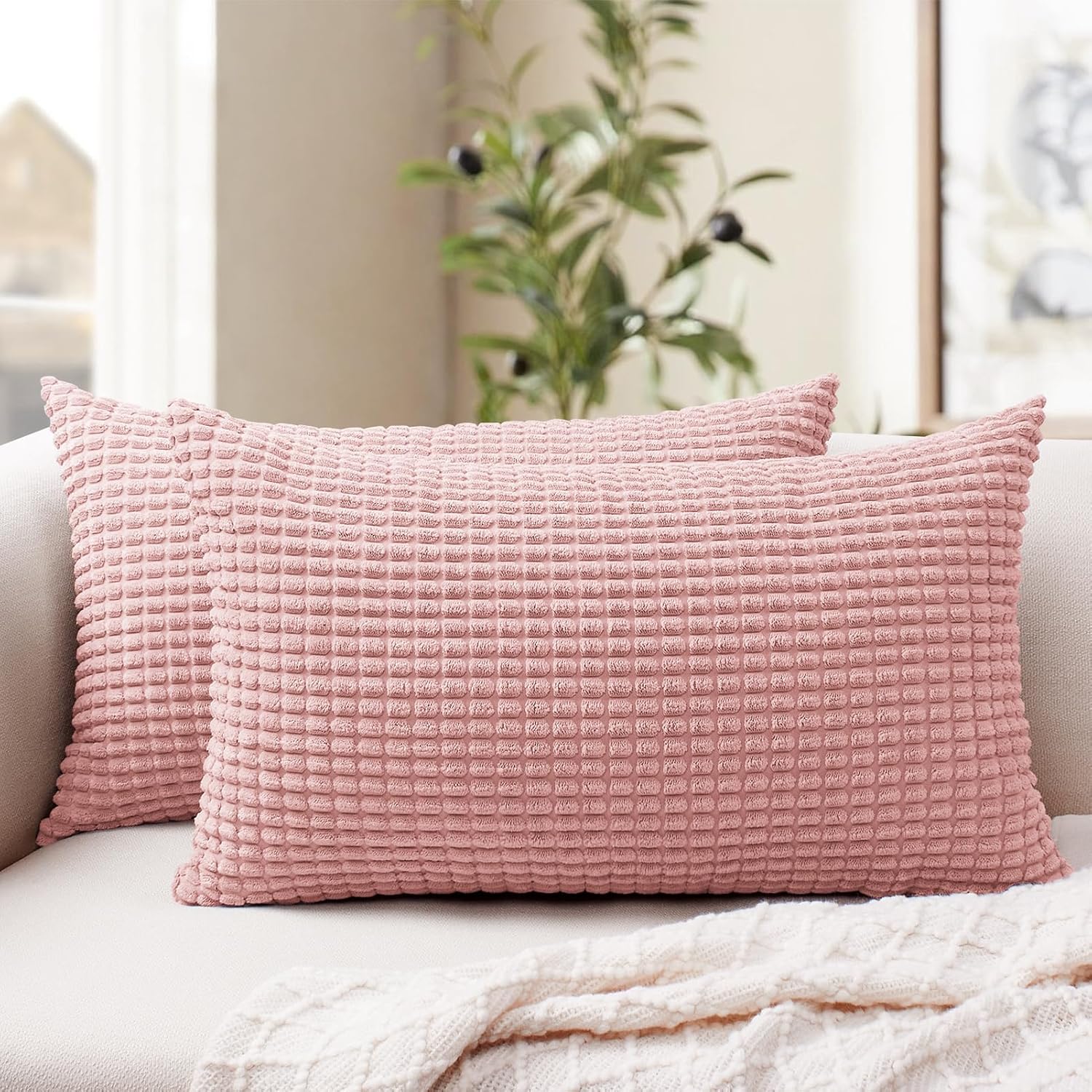 Softalker Throw Pillow Covers 12x20 Inch, Set of 2, Soft Corduroy Boho Stripe Decorative Pillow Cover, Couch Fluffy Pillow Cover for…
