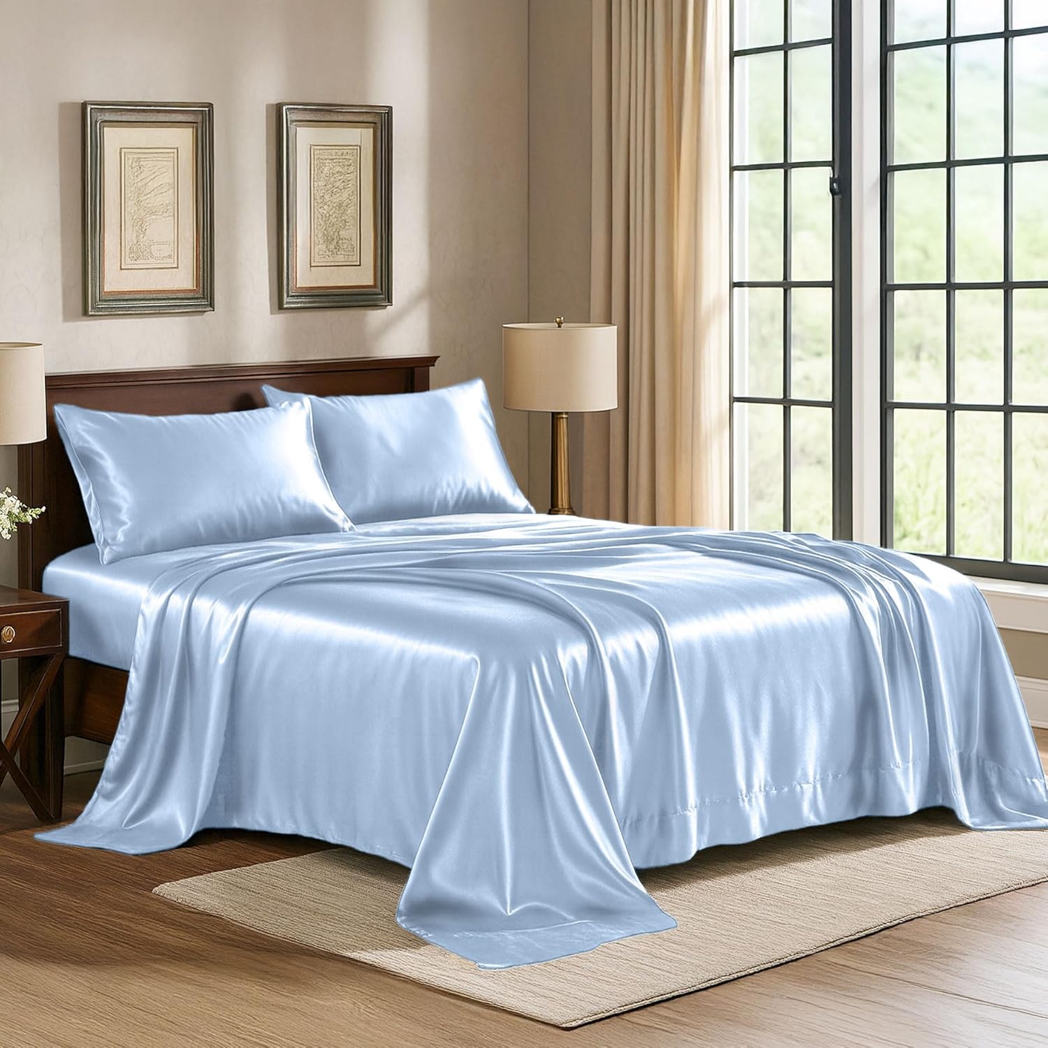 PureBedding Satin Sheets Full [4-Piece, Baby Blue] Hotel Luxury Silky Bed Sheets - Extra Soft 1800 Microfiber Sheet Set, Wrinkle, Fade, Sta…