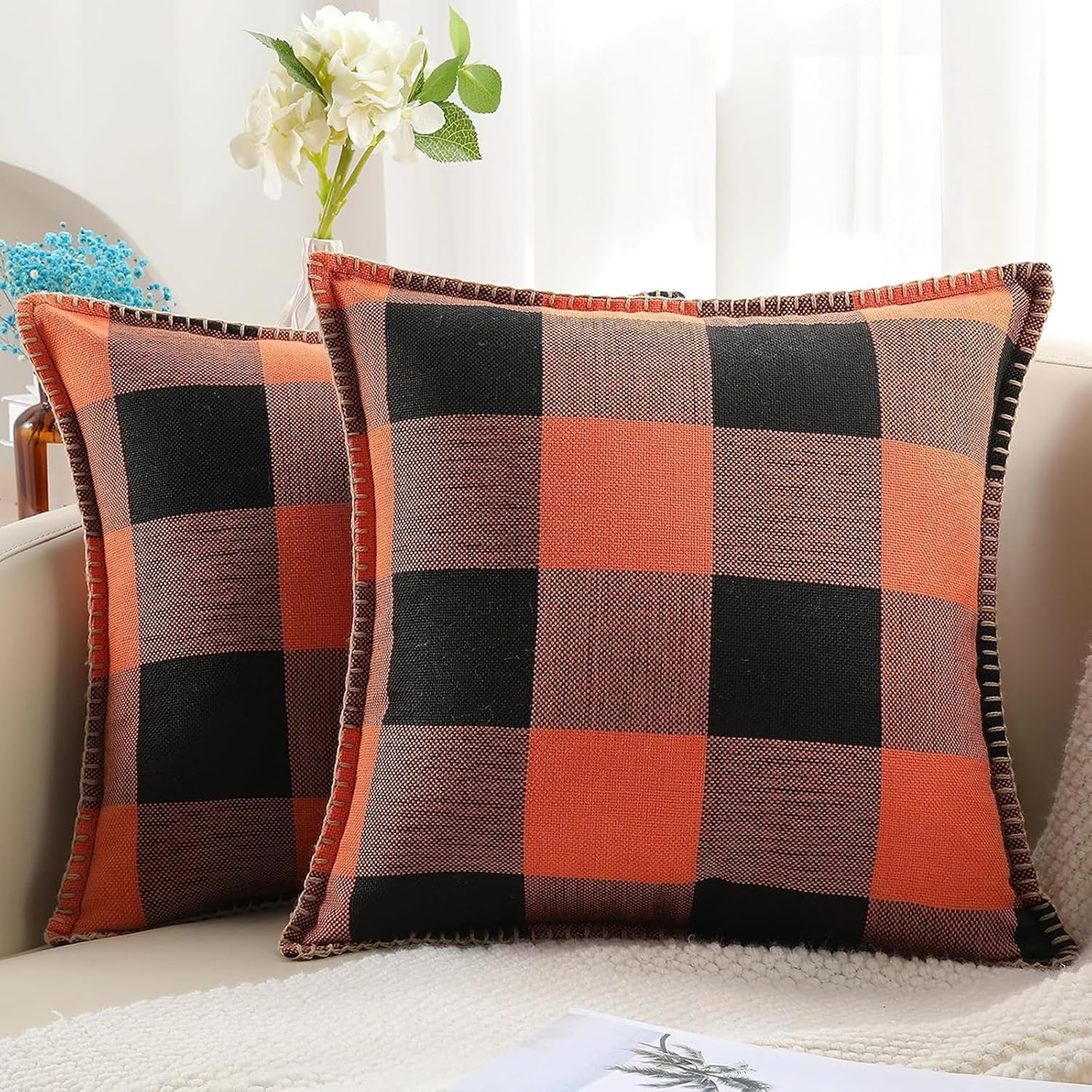 decorUhome Summer Buffalo Plaid Check Throw Pillow Covers 16x16 Set of 2 Outdoor Linen Decorative Farmhouse Gingham Pillow Covers with Stit…