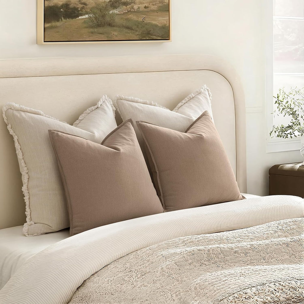 Anroduo Pack of 2 Decorative Linen Pillow Covers Cream Neutral Farmhouse Boho Soild Cushion Case Soft Accent Pillowcase for Couch Sofa Bedr…