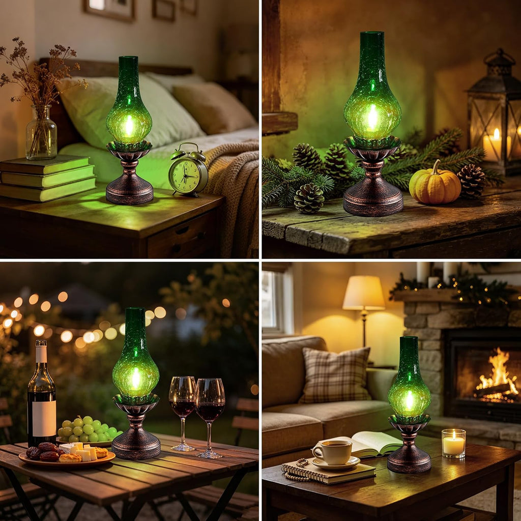 Vintage Table Lamp with Green Crackle Glass Shade, Touch Control & 3-Way Dimmable Rustic Retro Farmhouse Bedside Lamp for Bedroom, Living…