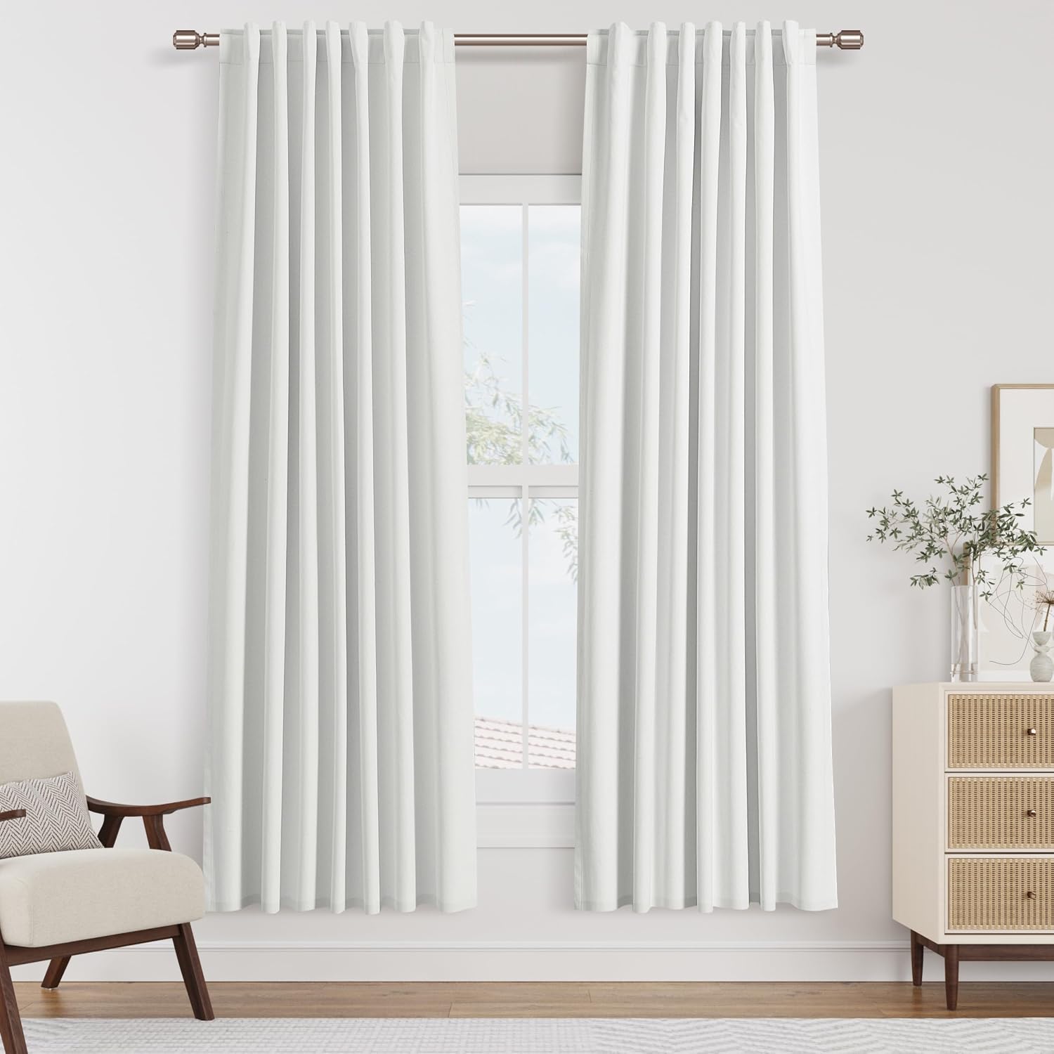 Guken White 100% Blackout Linen Curtains 52 Inch Wide by 70 Inch for Living Room Bedroom Back Tab Thermal Insulated Black Out Linen 2 Drape…