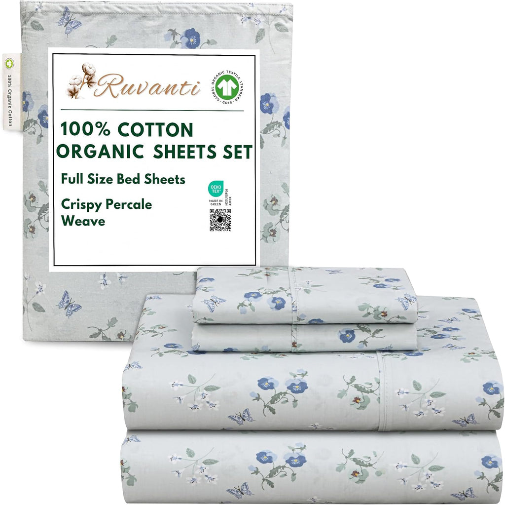 Ruvanti 100% Cotton Organic Percale Sheets Full Size – Crisp Cooling Bed Sheets for Hot Sleepers, Deep Pocket 15”, Soft Peach Finish, Breat…