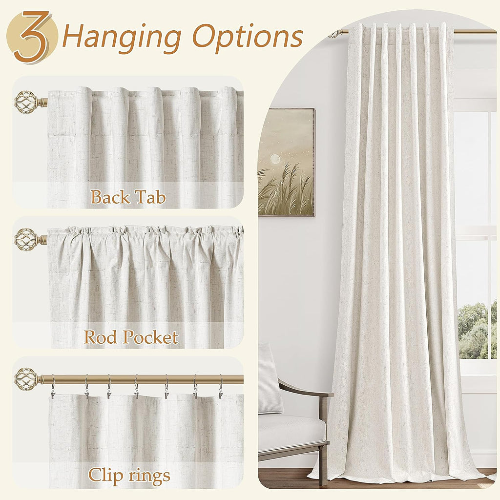 Guken Beige White 100% Blackout Linen Curtains 106 Inch Length 2 Panels Set for Living Room Bedroom Back Tab Thermal Insulated Black Out Dr…
