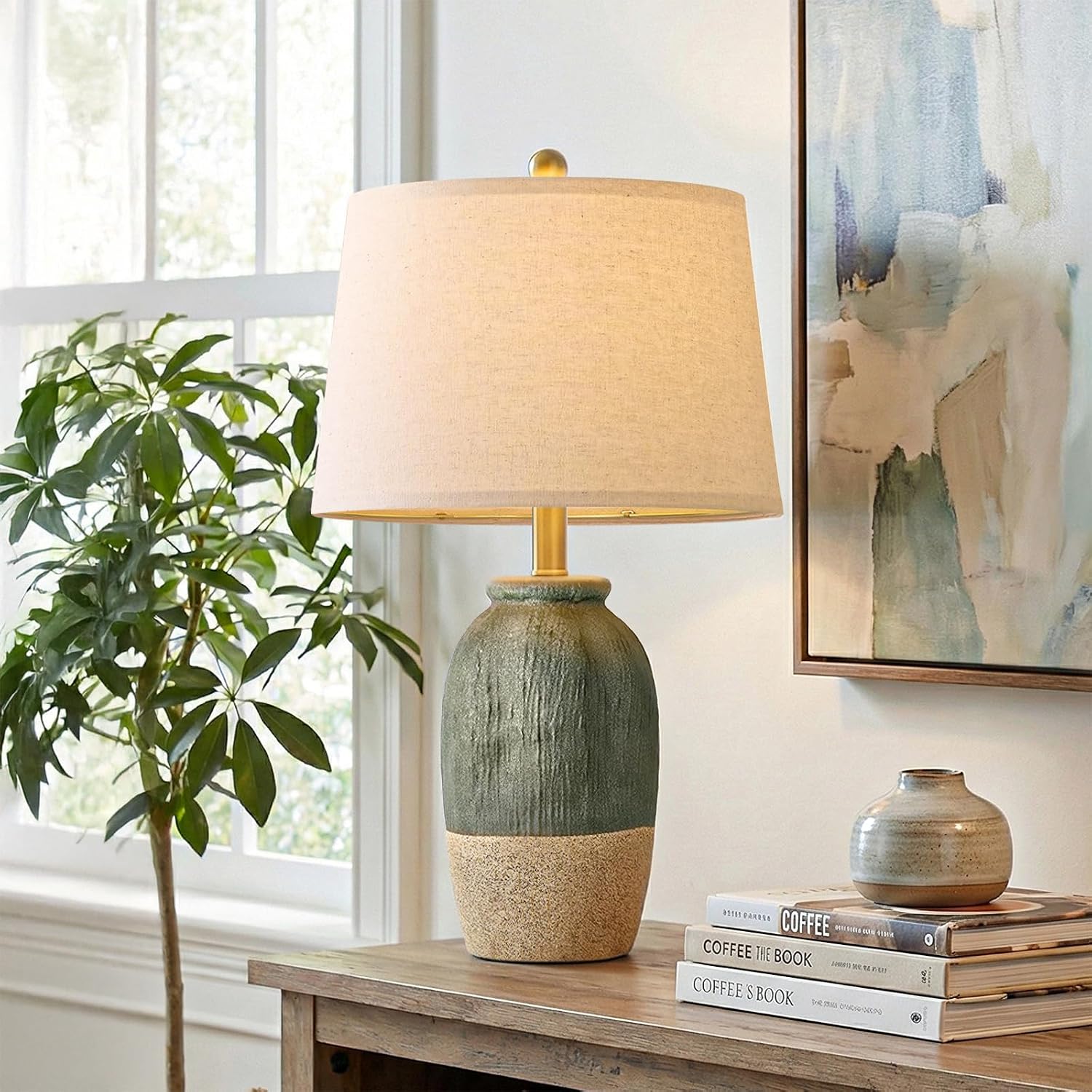 22.5" Hand-Textured Vintage Ceramic Table Lamp, Single Rustic Farmhouse Bedside Lamp with Linen Shade, Boho Lamp for Bedroom Living Room…
