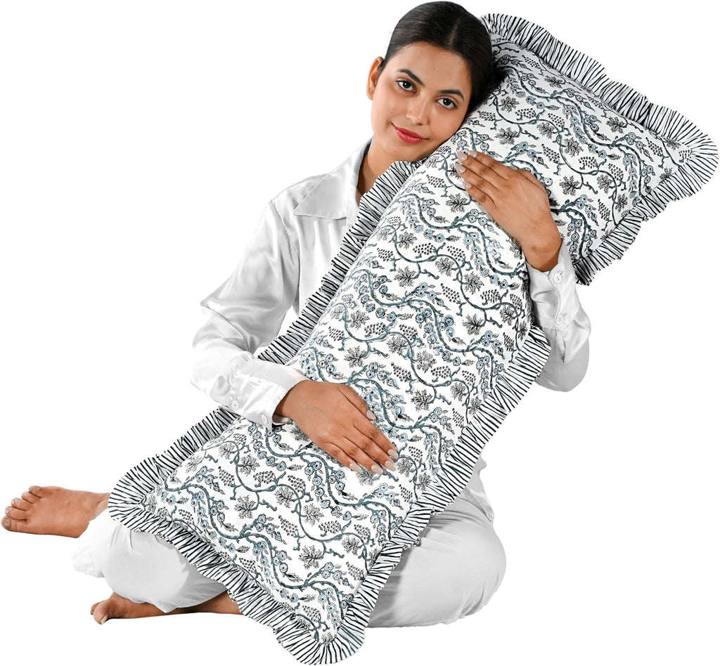 Ridhi Block Print Baby Blue Eyes 36"x14" Set 1-100% Cotton Ruffle Lumbar Sham Cover Boho Floral Pillowcase, Farmhouse Cottagecore…