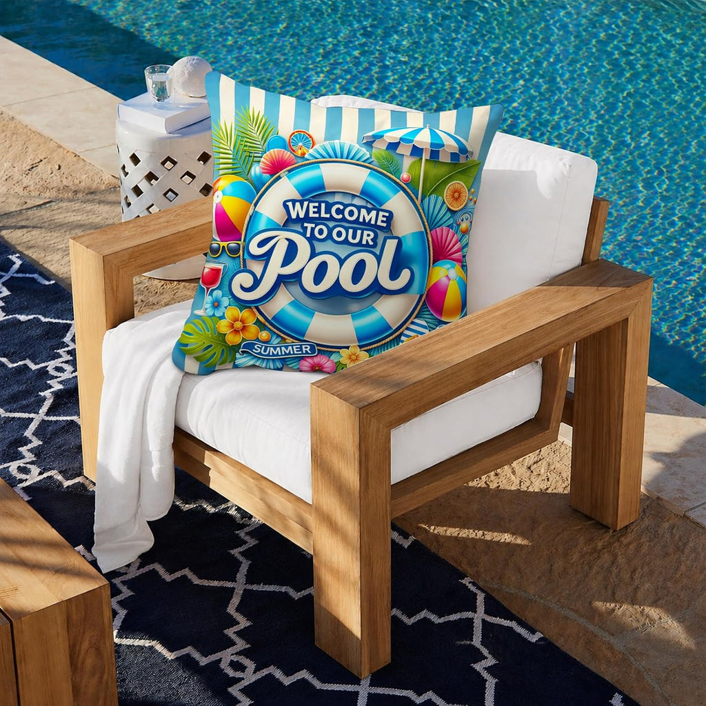 BlissYard Throw Pillow Covers 18x18 Welcome to Our Summer Pool Decorative Pillow Covers Beach Theme Cushion Covers Coastal Swimming Pool…