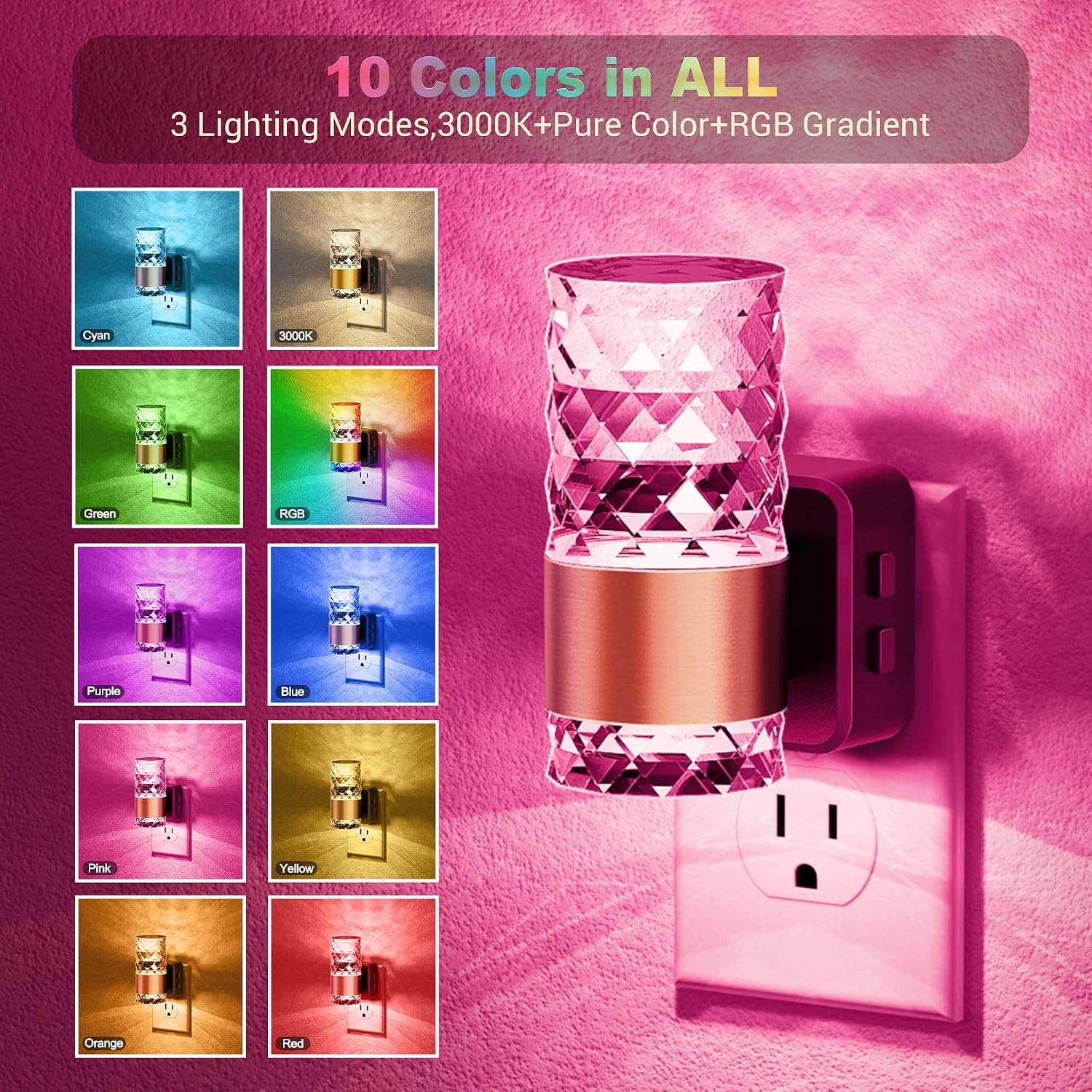 JandCase Night Lights Plug into Wall, Color Changing Night Light for Kids, 3000K+RGB 10-Color LED Nightlight with Light Sensor…