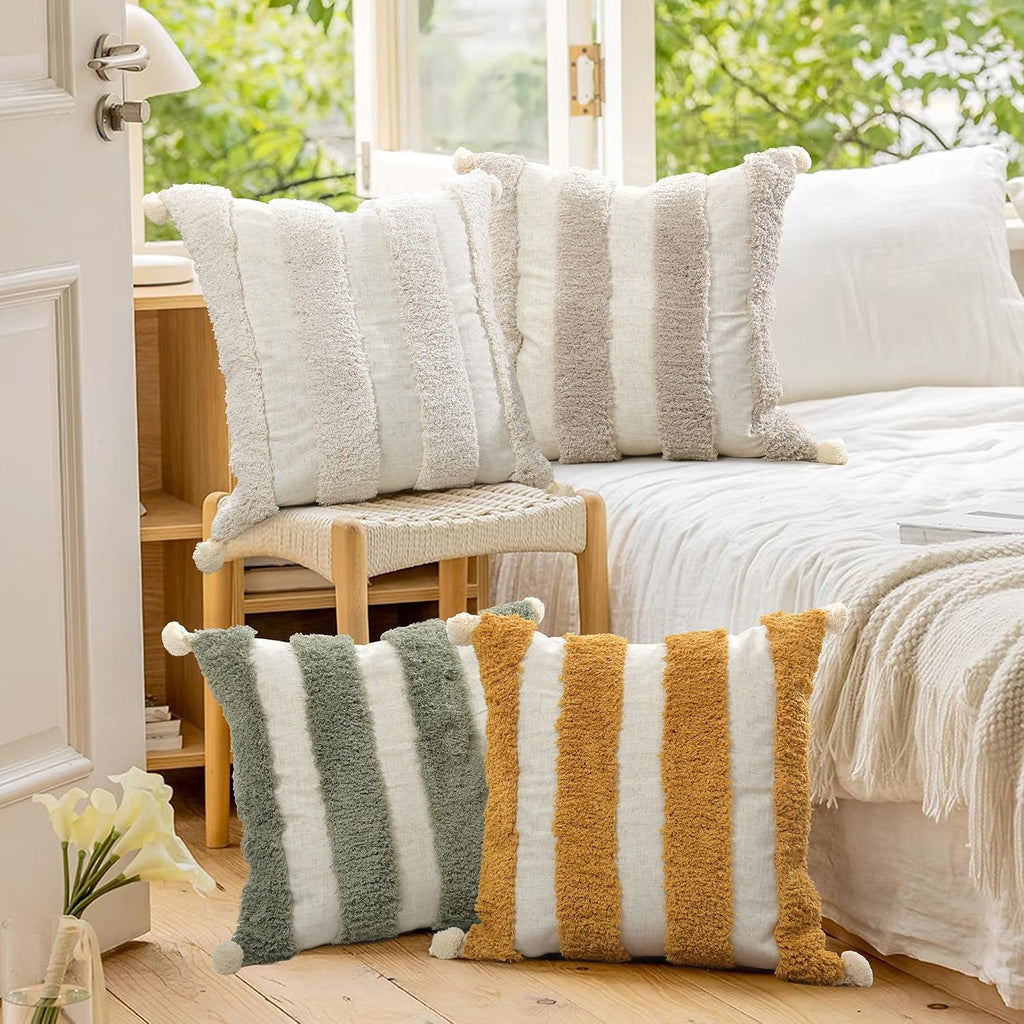 Loopuinhom Boho Pillow Covers 18X18 Inch Boho Tufted Linen Throw Pillow Covers Decorative Pompoms Cushion Cover Farmhouse Pillow Case for C…
