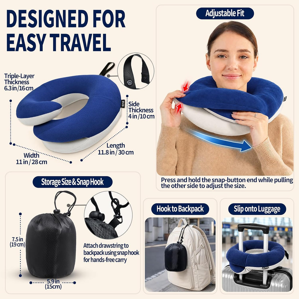 BUYUE Travel Neck Pillows for Airplanes, Memory Foam 360° Head Support Sleep for Long Flight, Skin-Friendly & Breathable, Kit with Eye…
