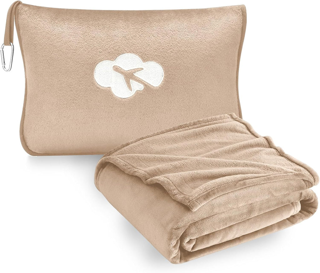 JungleStar Travel Blanket and Pillow Compact, Soft 2 in 1 Airplane Blanket with Soft Bag Pillowcase, Hand Luggage Sleeve and Backpack Clip (…