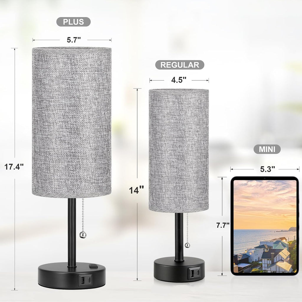 17.4Inches Grey Bedside Lamp for Bedroom Nightstand - Tall Table Lamp with USB A + C Charging Port & AC Outlet, 3 Color Temperatures Pull…