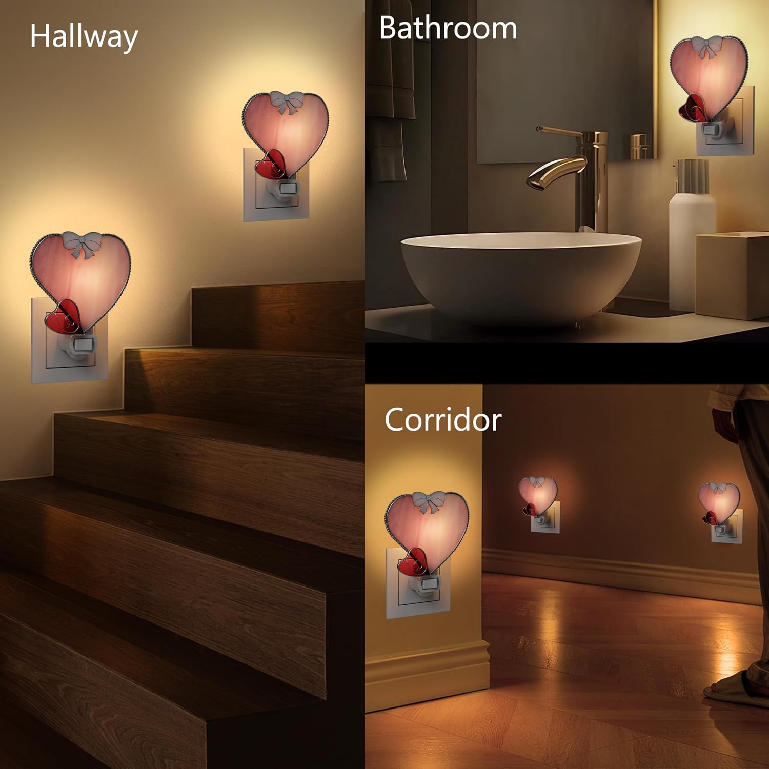 KY&BOSAM Stained Glass Heart Night Lights Plug into Wall 1-Pack 7W Dusk to Dawn 3000K Warm Pink Bright Nightlight with Switch On/Off for…